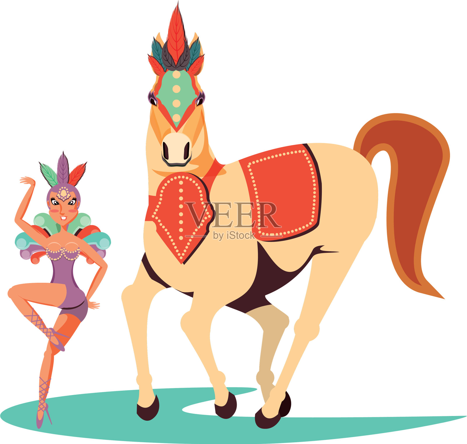 女子狂欢节舞者与马马戏团设计元素图片