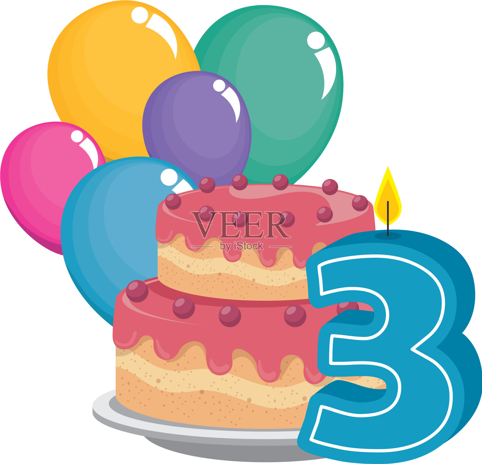 可爱的三号蜡烛，蛋糕和气球设计元素图片