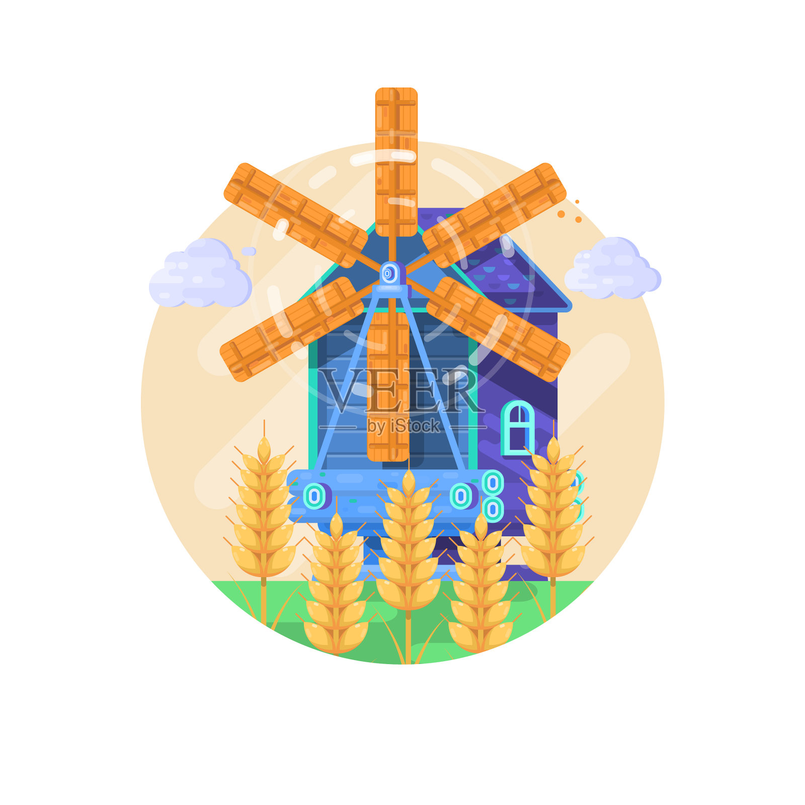 乡村夏季景观与风车设计元素图片