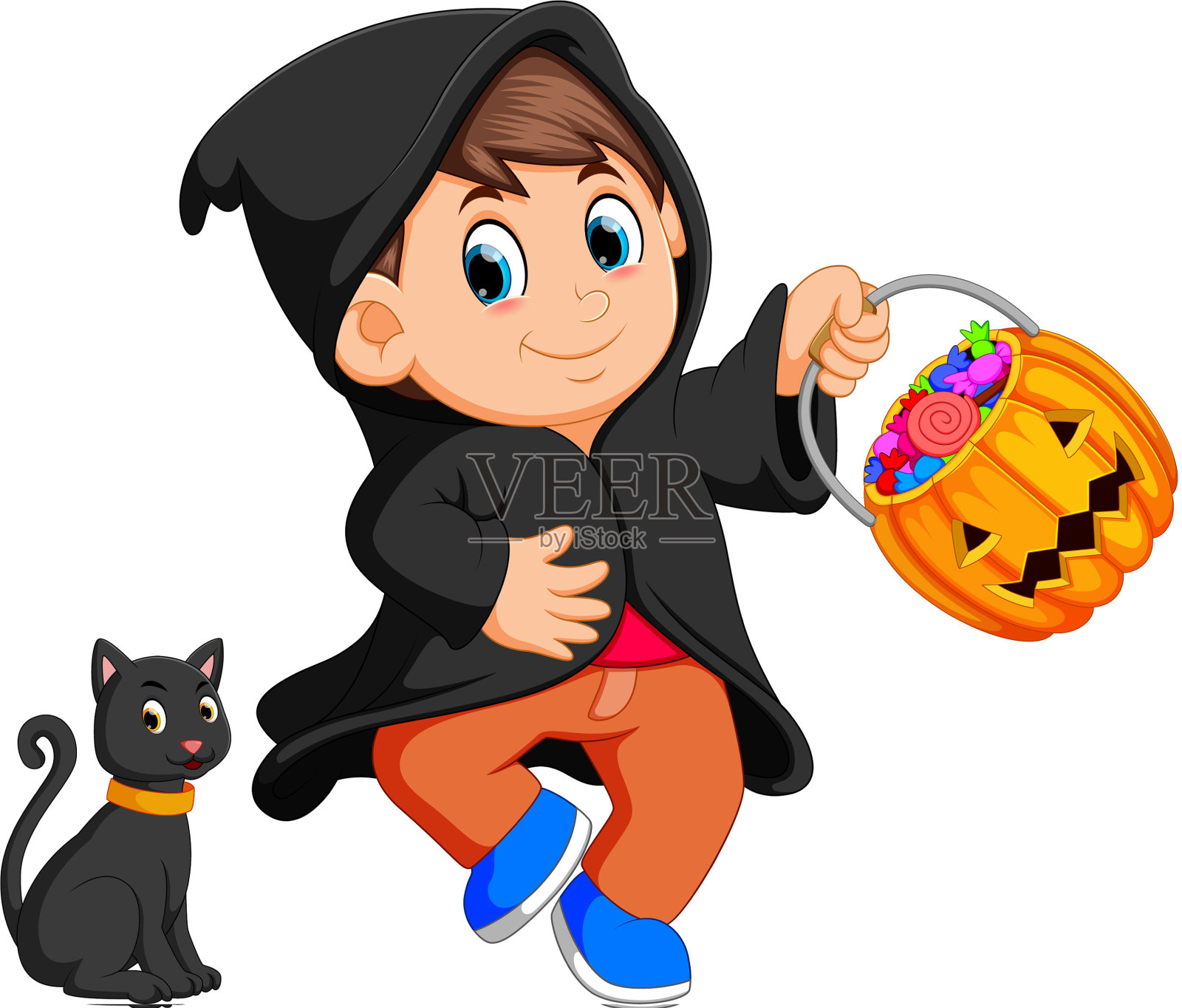 可爱的小女巫走在黑色的斗篷设计元素图片