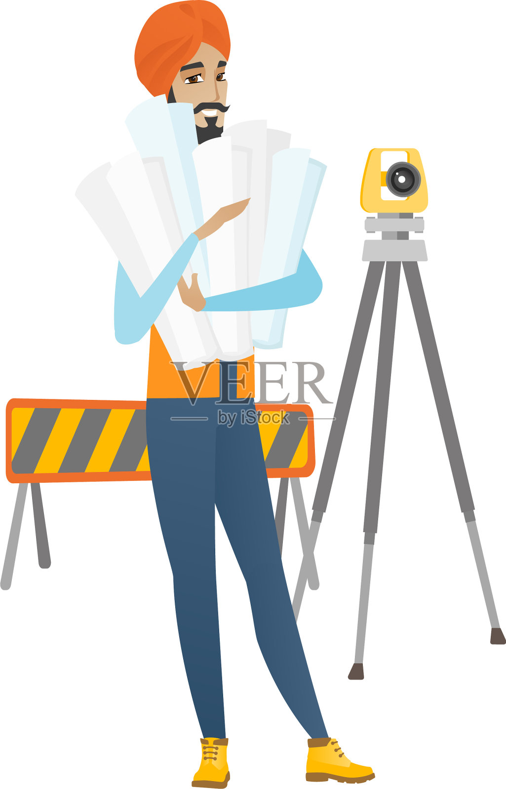 印度工程师拿着扭曲的蓝图设计元素图片