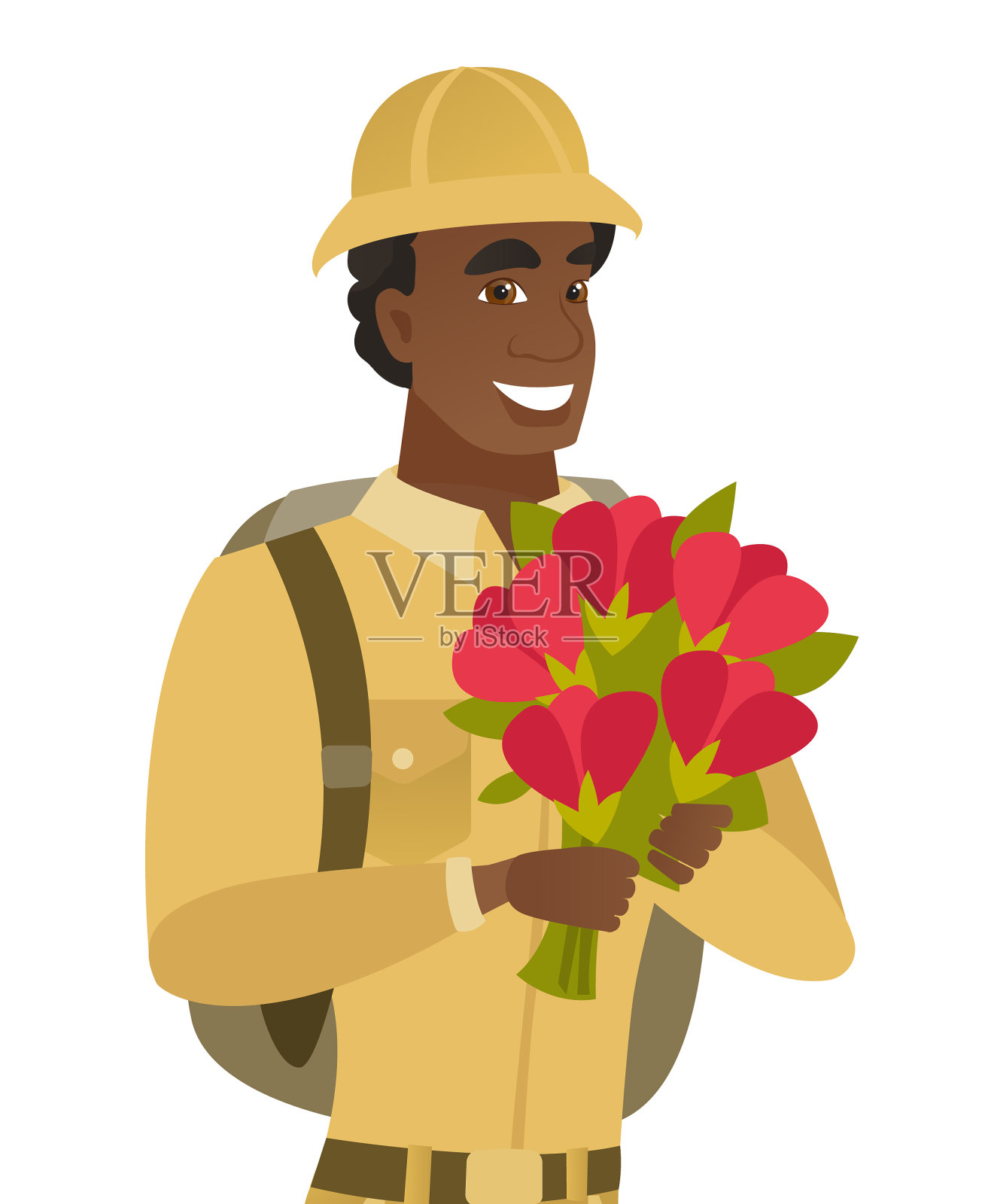 年轻的非洲旅行者手持一束鲜花设计元素图片