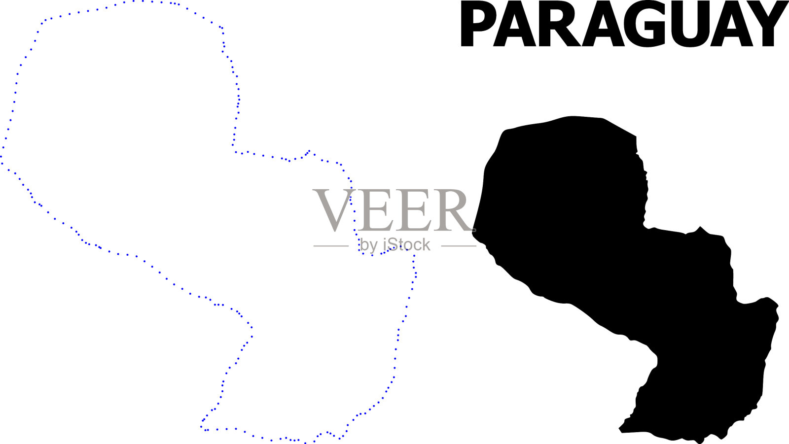 巴拉圭等高线虚线地图，附有名称插画图片素材