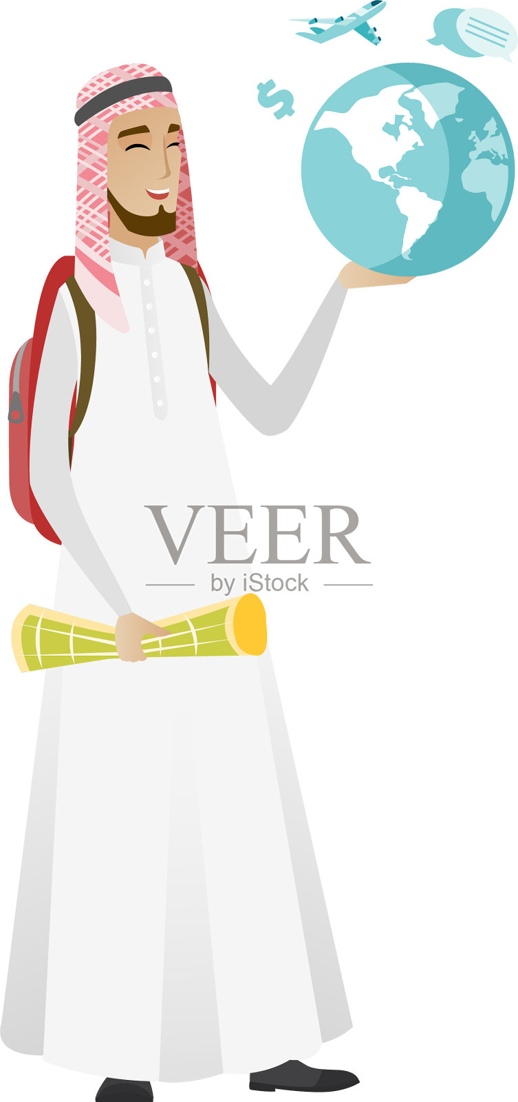 穆斯林旅行者拿着地图和地球仪设计元素图片