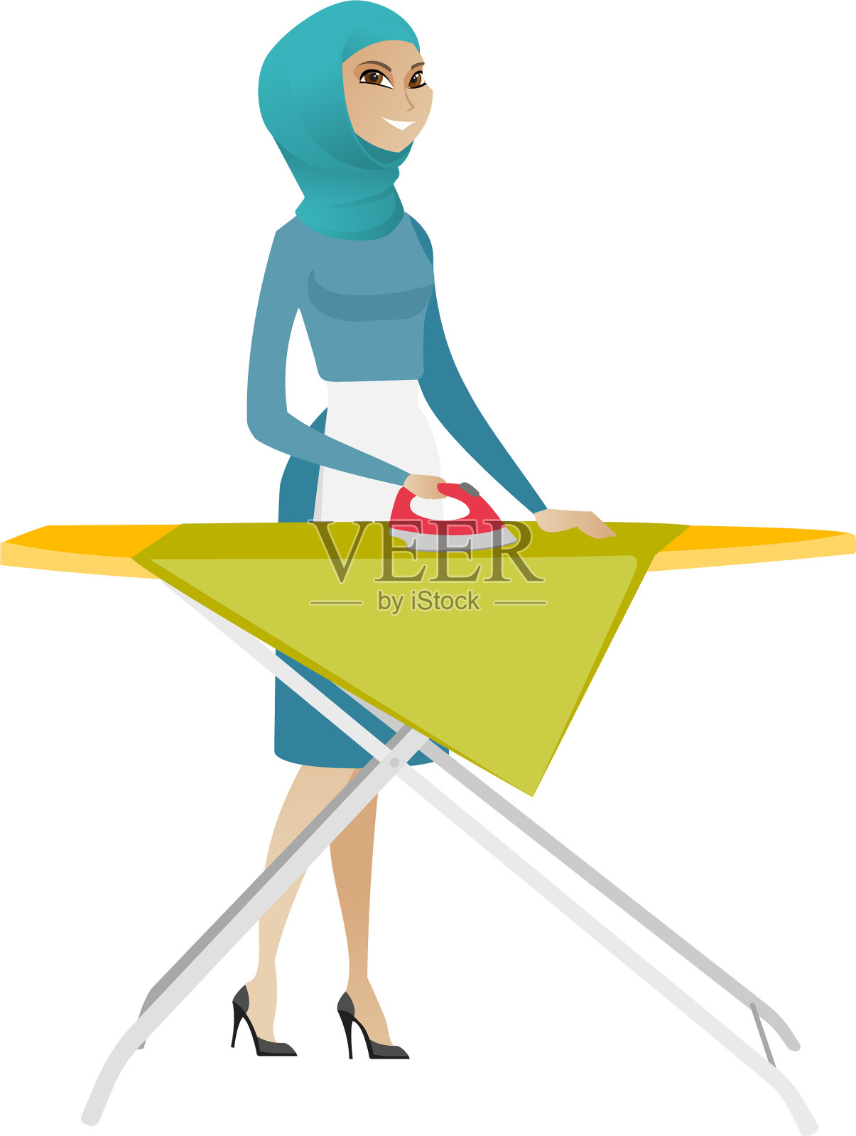 穆斯林女保洁员在熨衣板上熨衣服设计元素图片