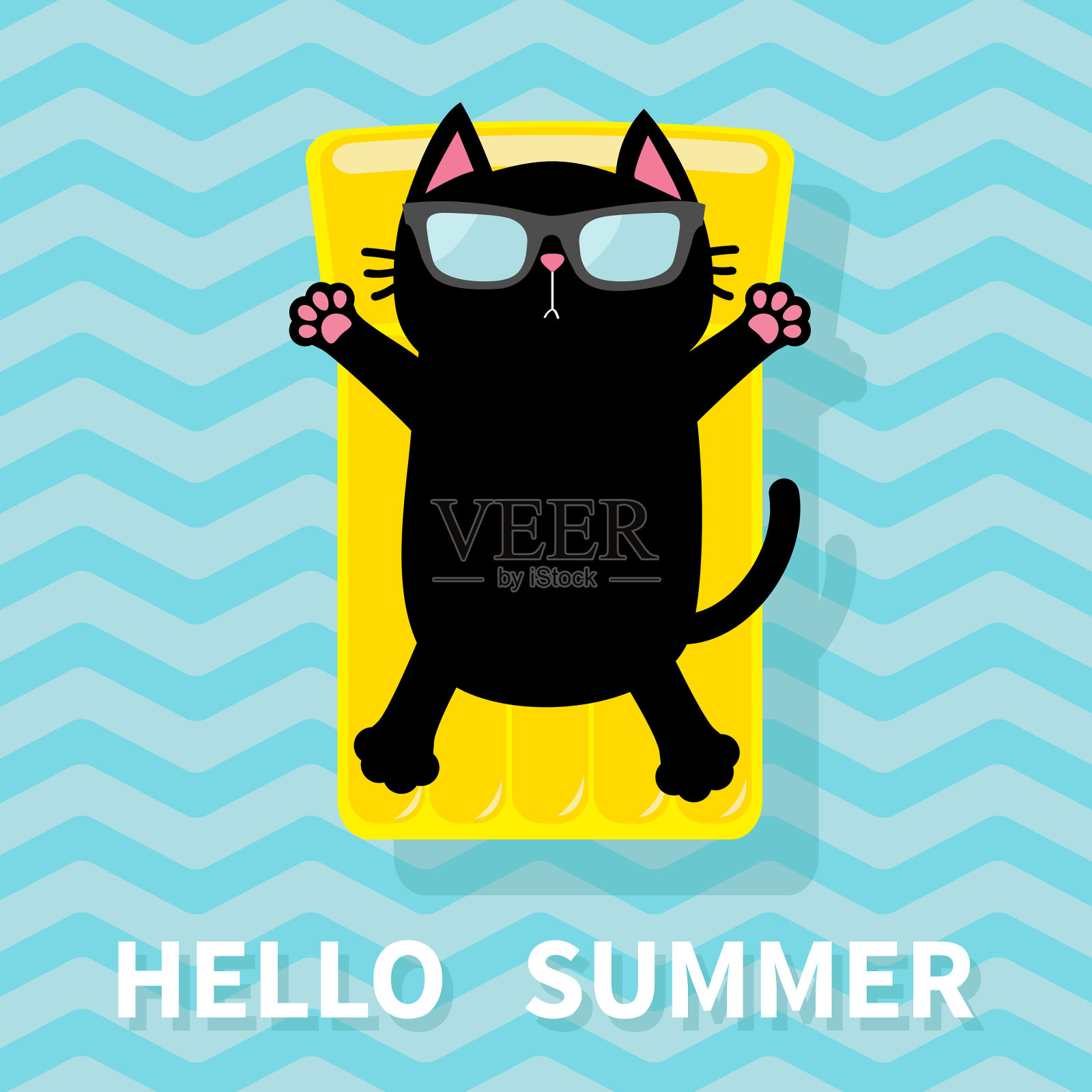 黑猫漂浮在黄色的空气池水插画图片素材