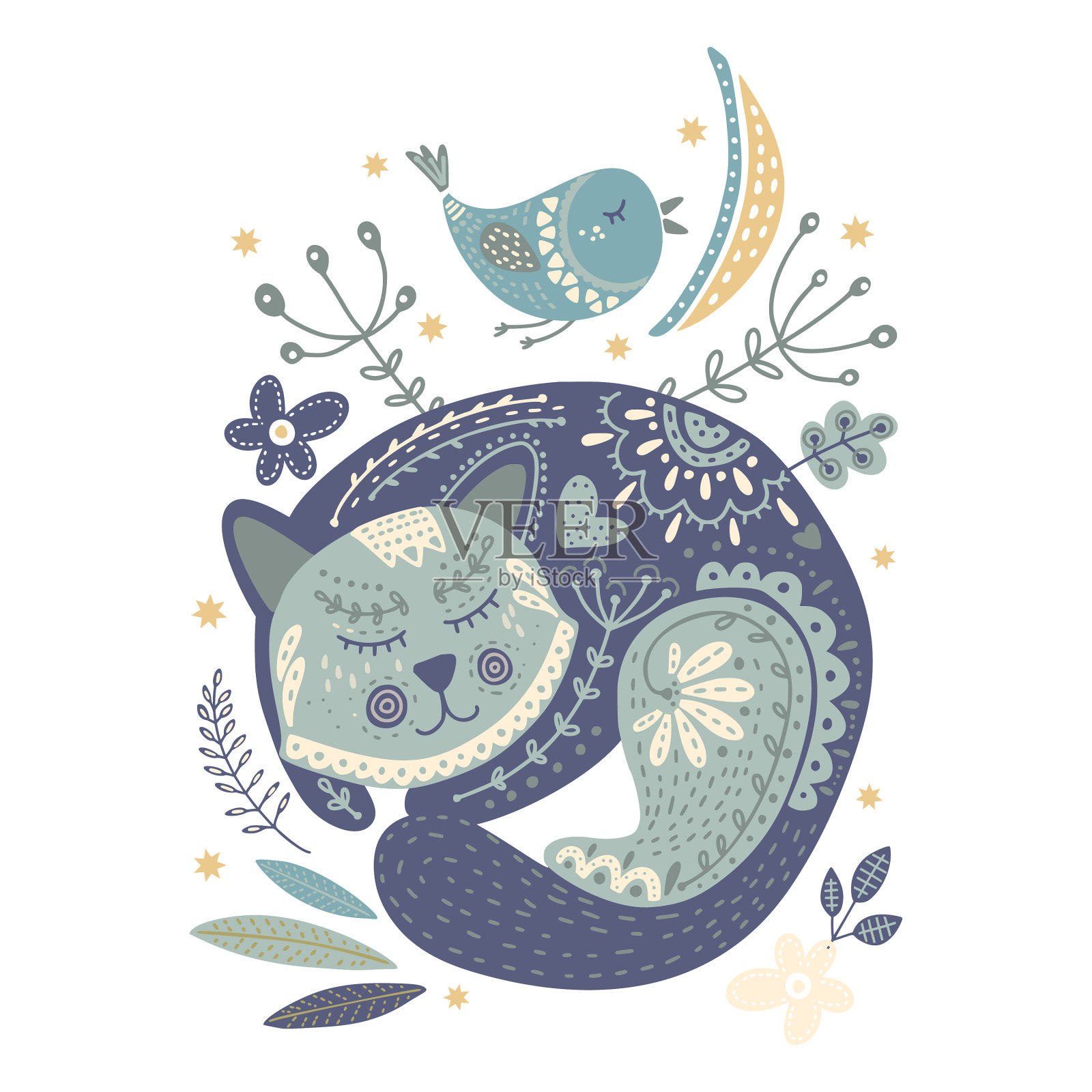 民间艺术猫和鸟设计元素图片