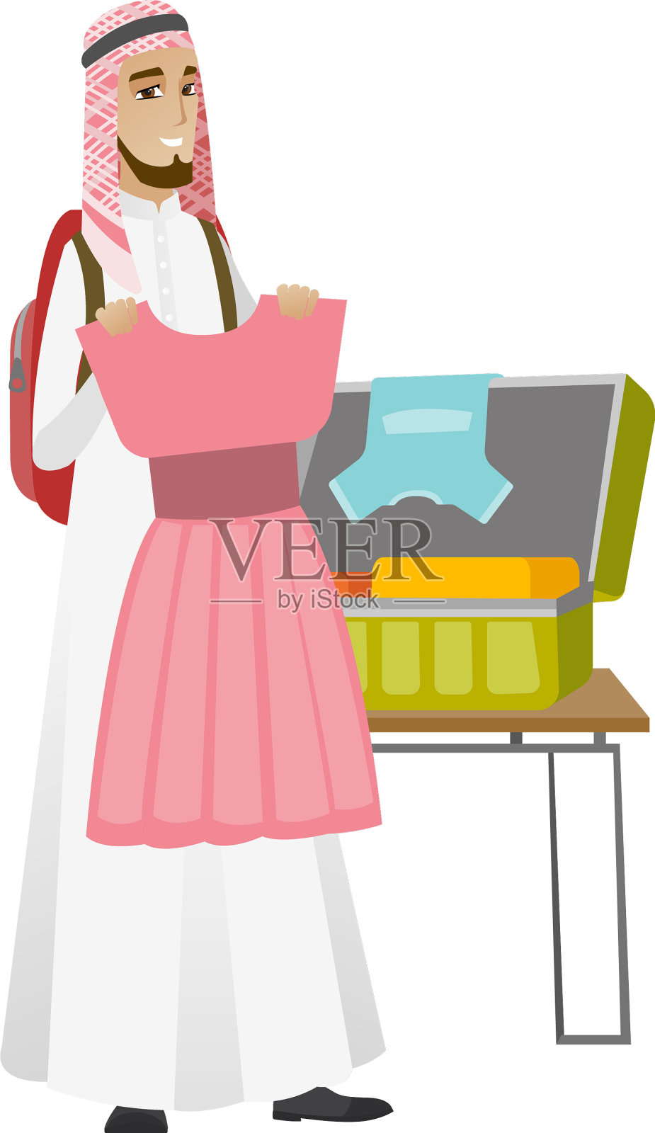 年轻的穆斯林旅行者打包手提箱设计元素图片