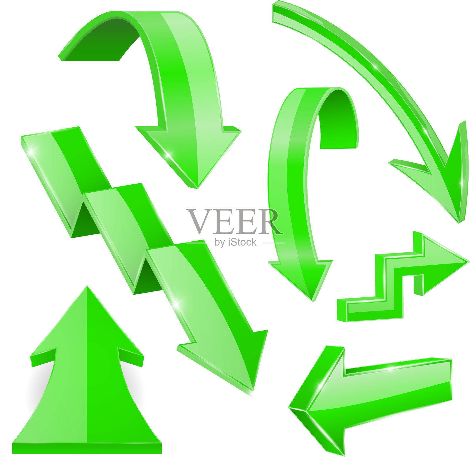绿色闪亮的3d箭头弯曲弯曲的标志图标素材