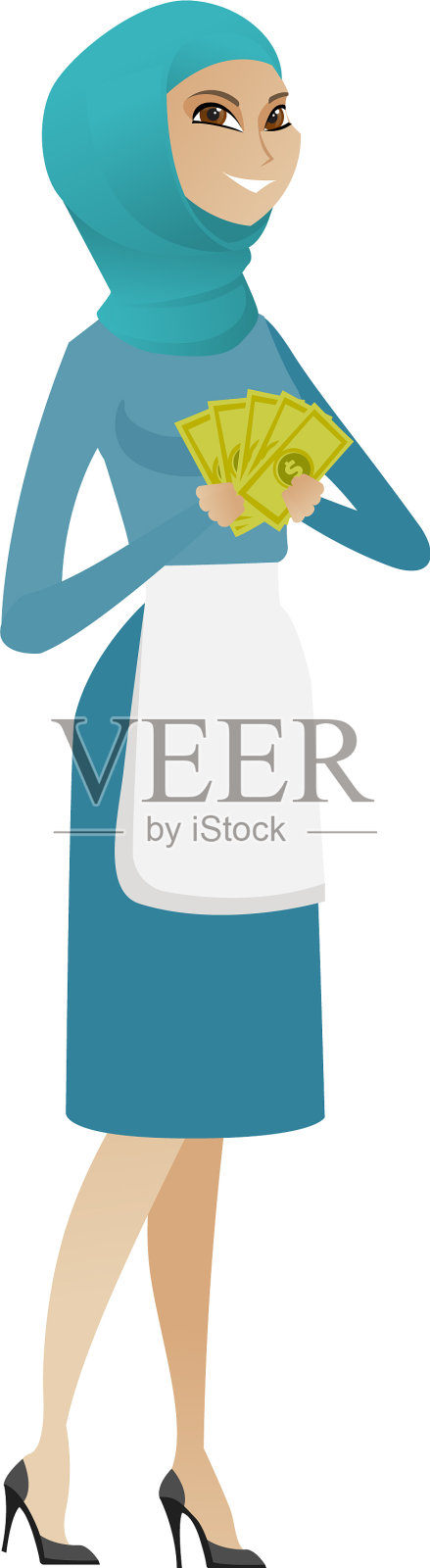 年轻的穆斯林清洁工拿着钱设计元素图片