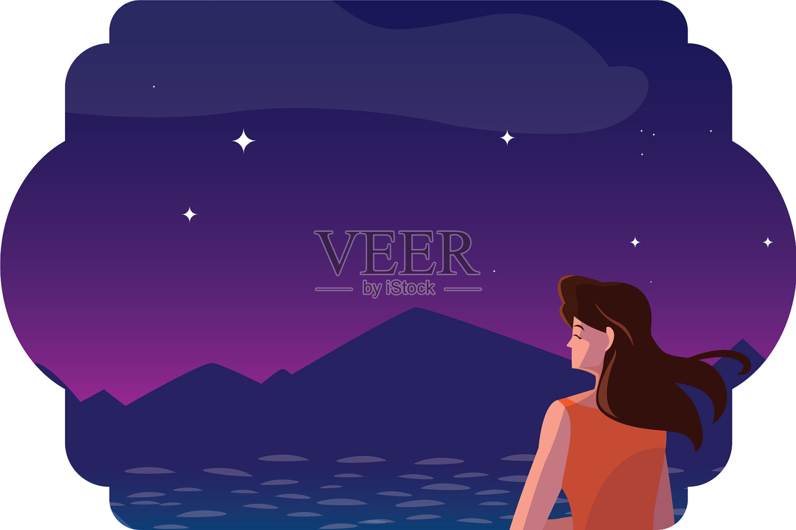 在湖和山中凝望地平线的女人设计元素图片