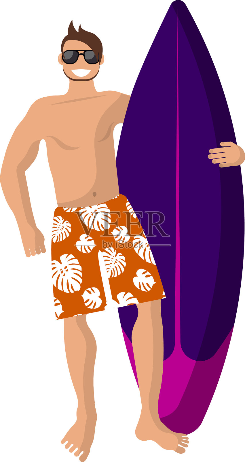 快乐的冲浪者穿着橙色短裤拿着设计元素图片