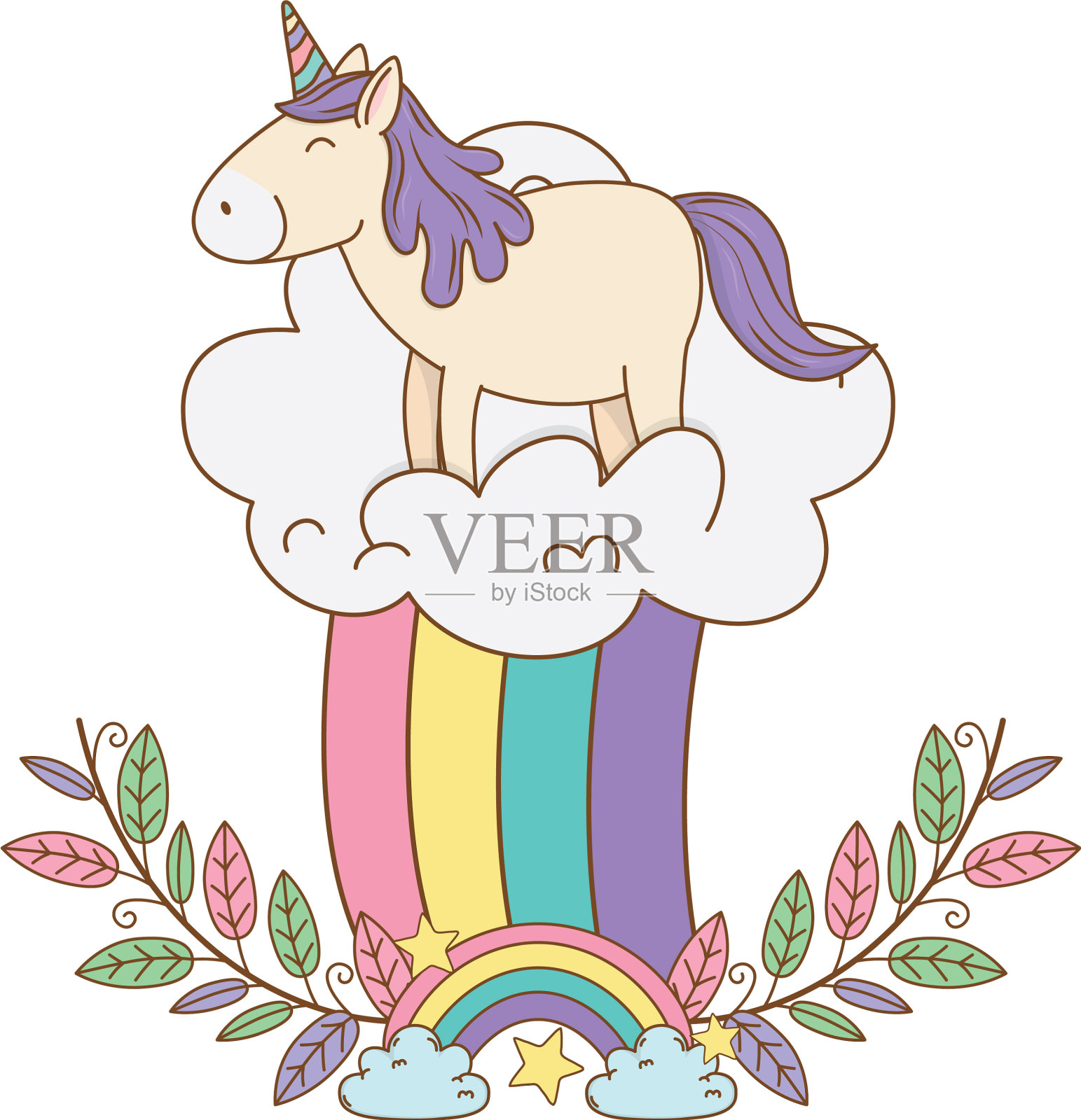 可爱的童话麒麟戴着彩虹花环设计元素图片