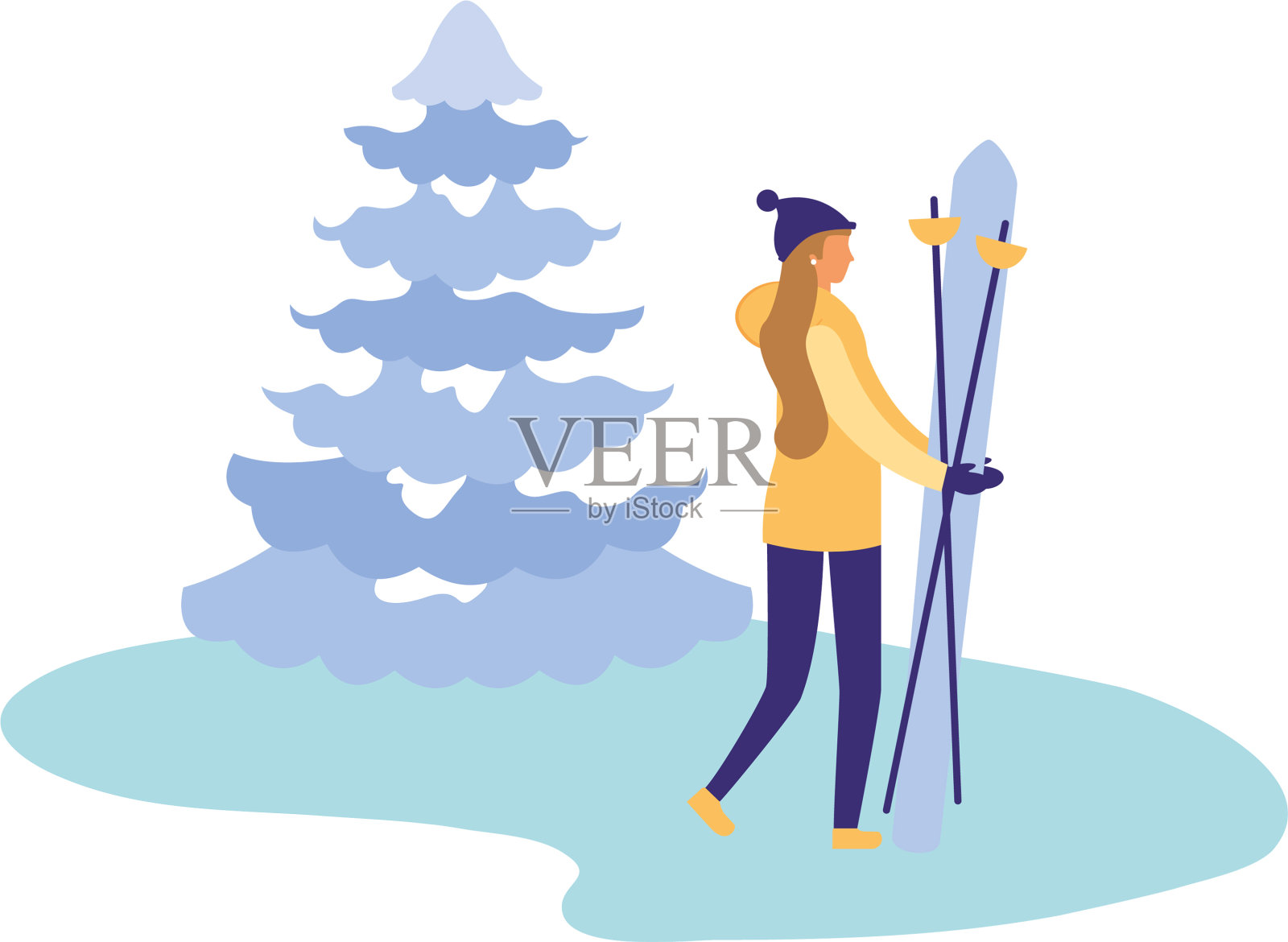 女人带着滑雪板和松树过冬设计元素图片