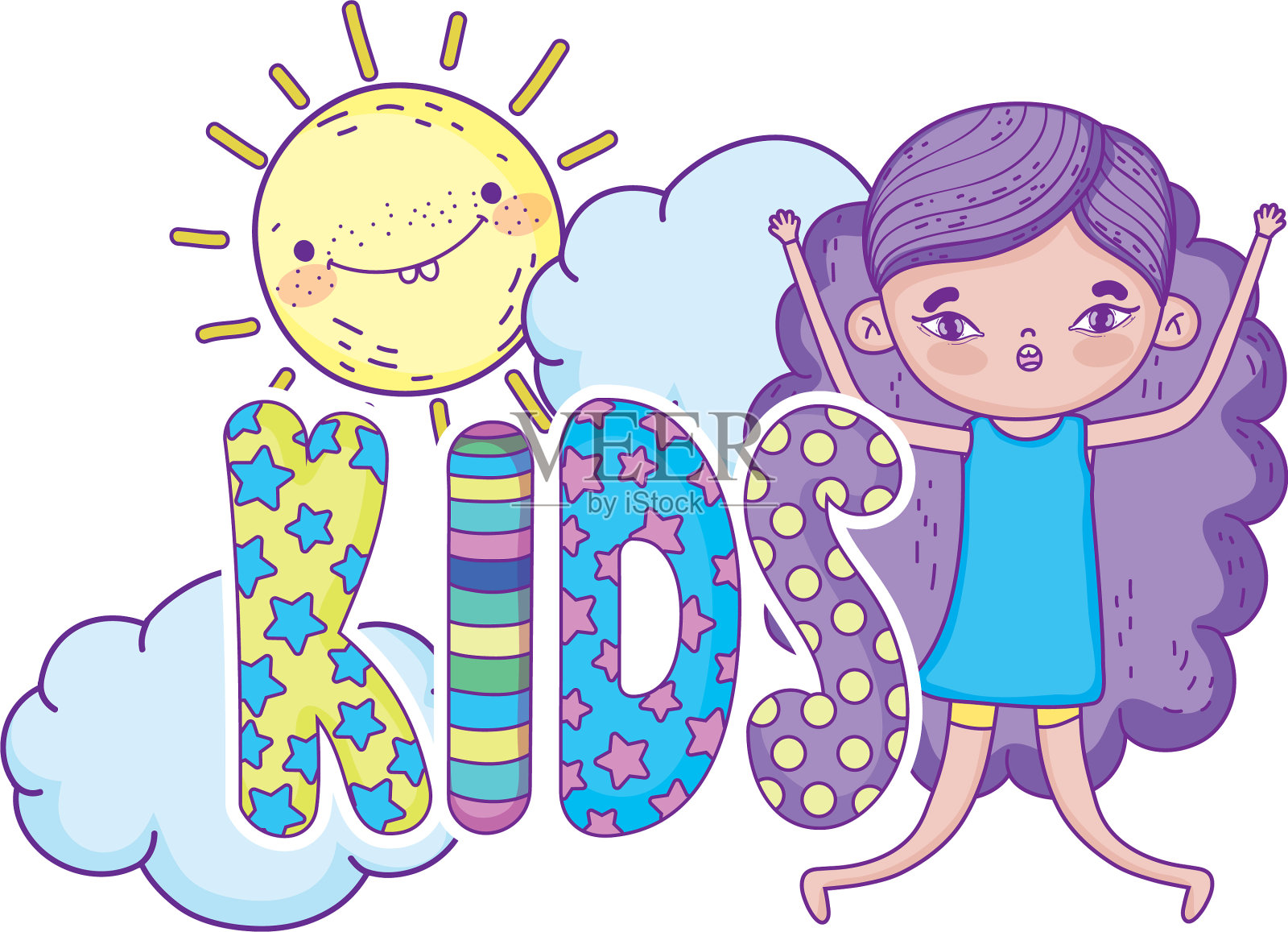 小女孩和太阳卡哇伊在云设计元素图片