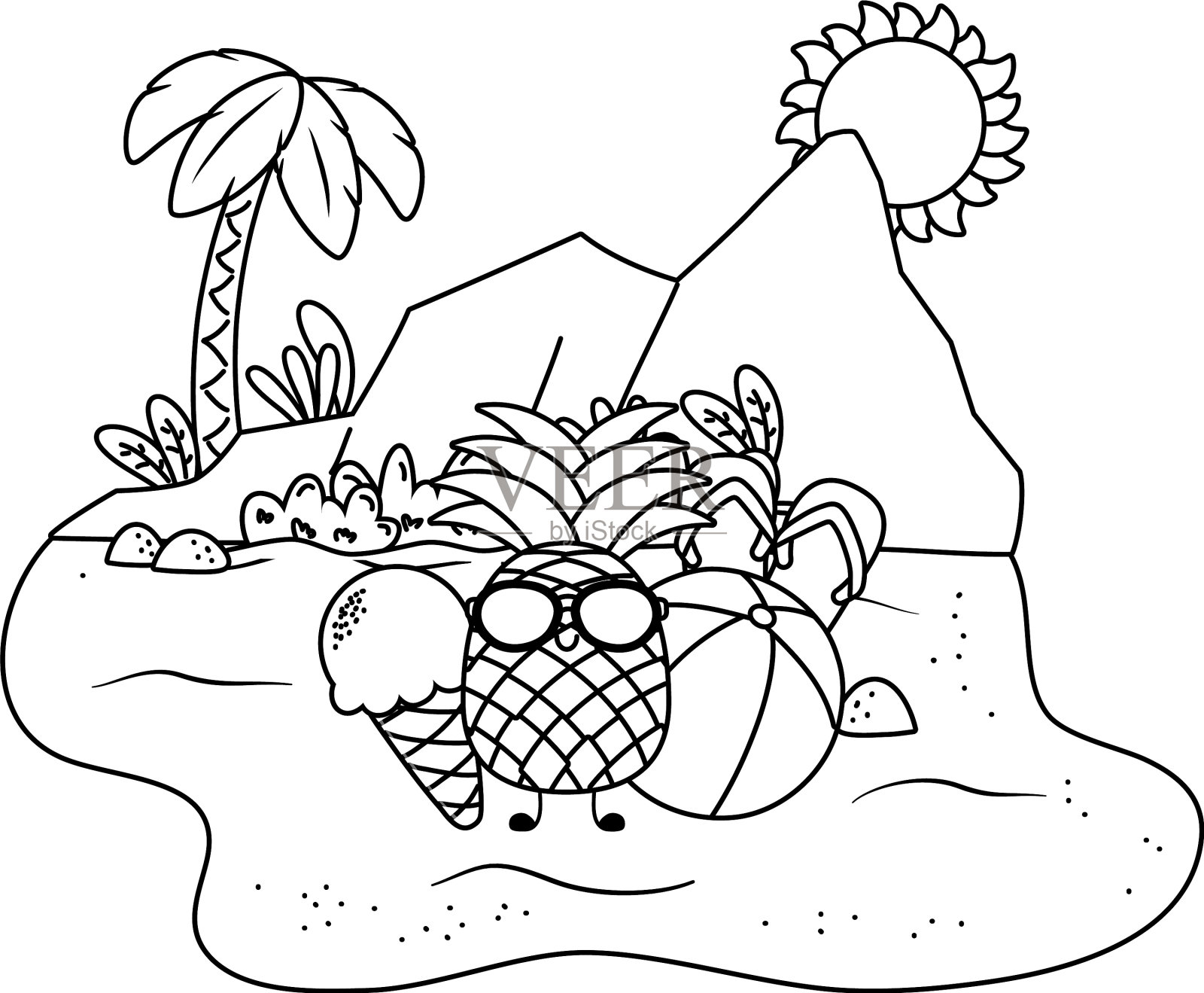 夏天和海滩可爱的卡通在黑色和白色设计元素图片