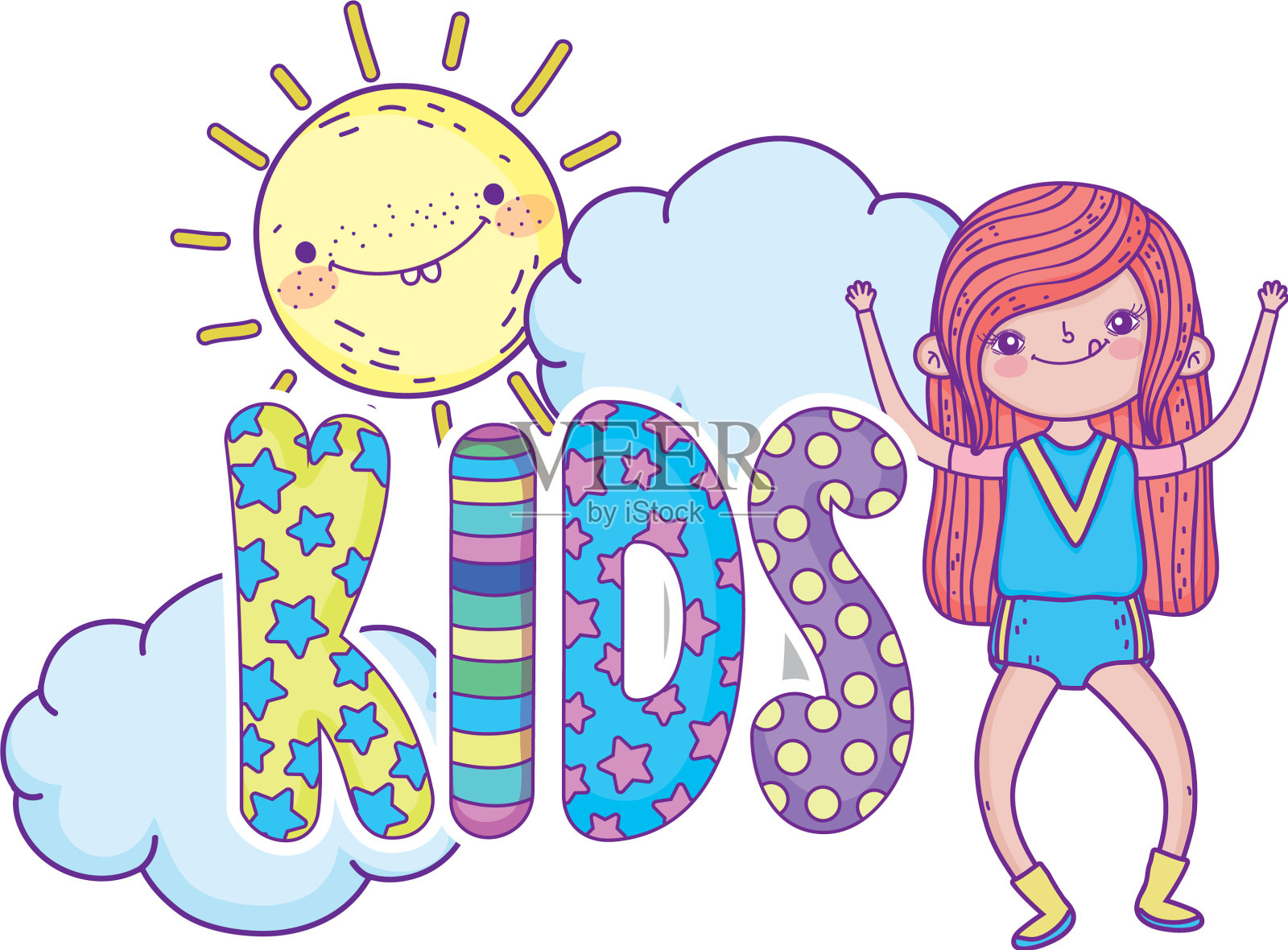 小女孩和太阳卡哇伊在云设计元素图片