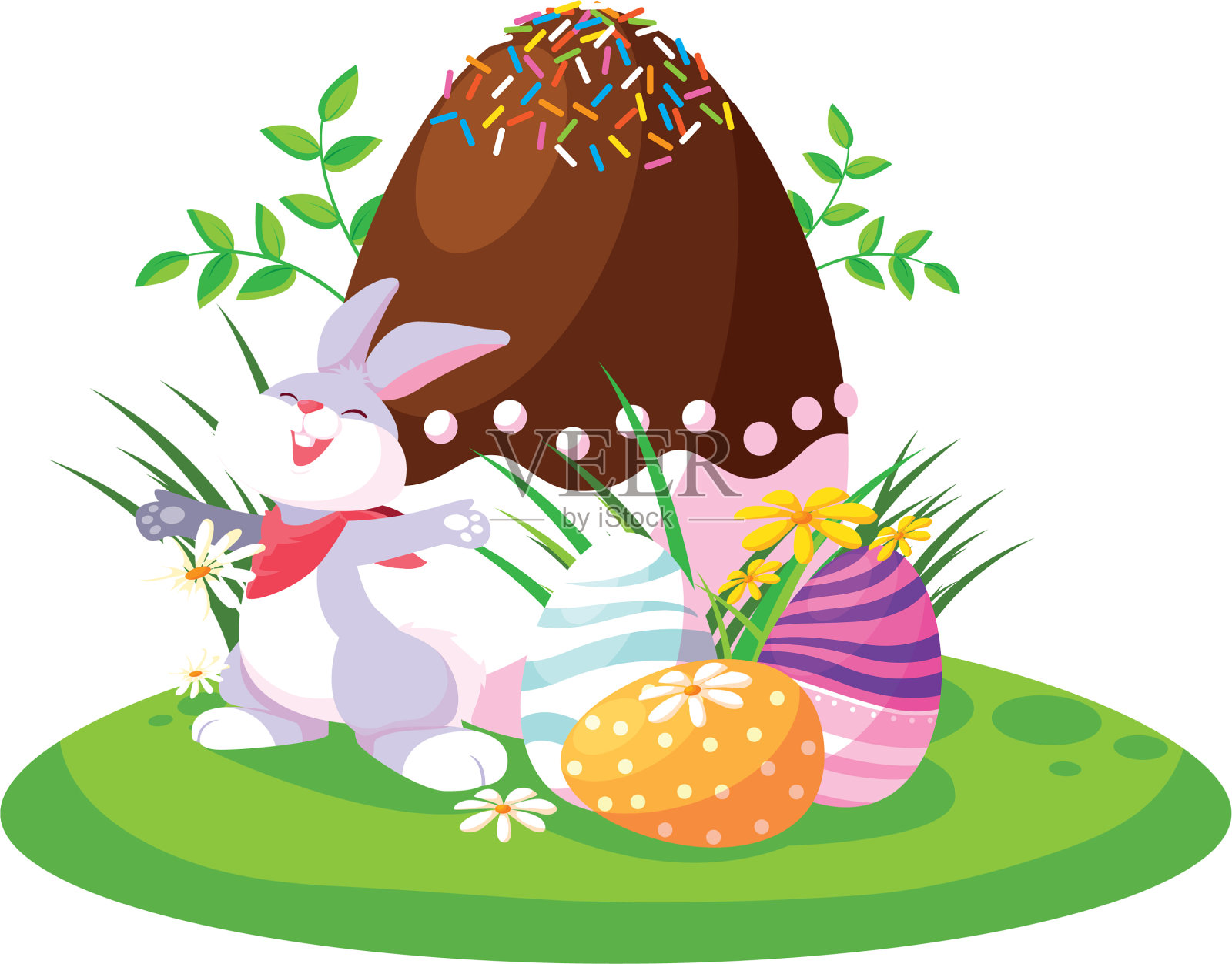 可爱的兔子在花园里玩复活节彩蛋设计元素图片