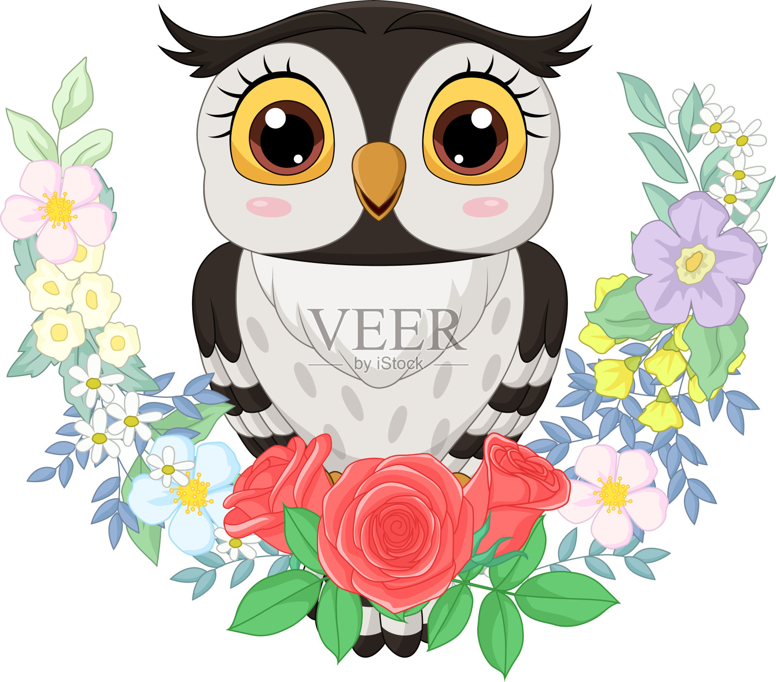 卡通猫头鹰与鲜花背景设计元素图片