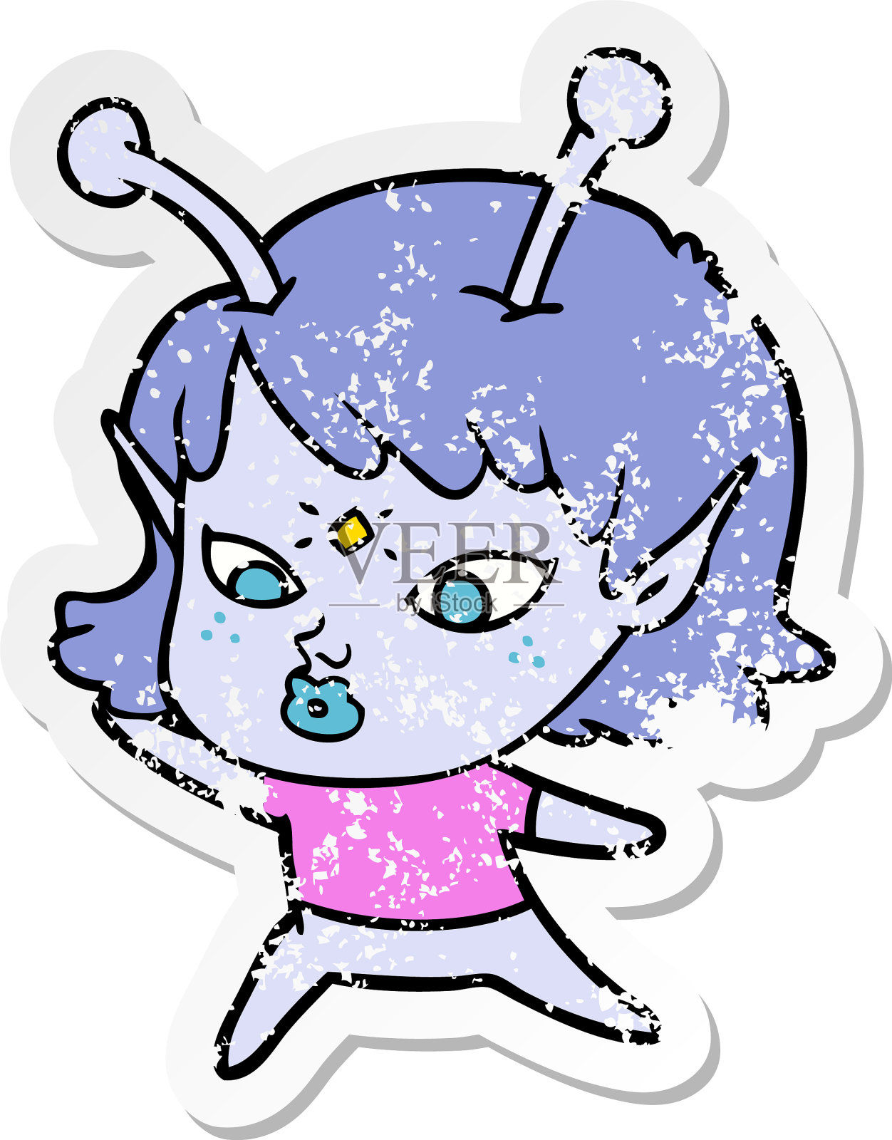 一个漂亮的卡通外星人女孩的苦恼贴纸设计元素图片