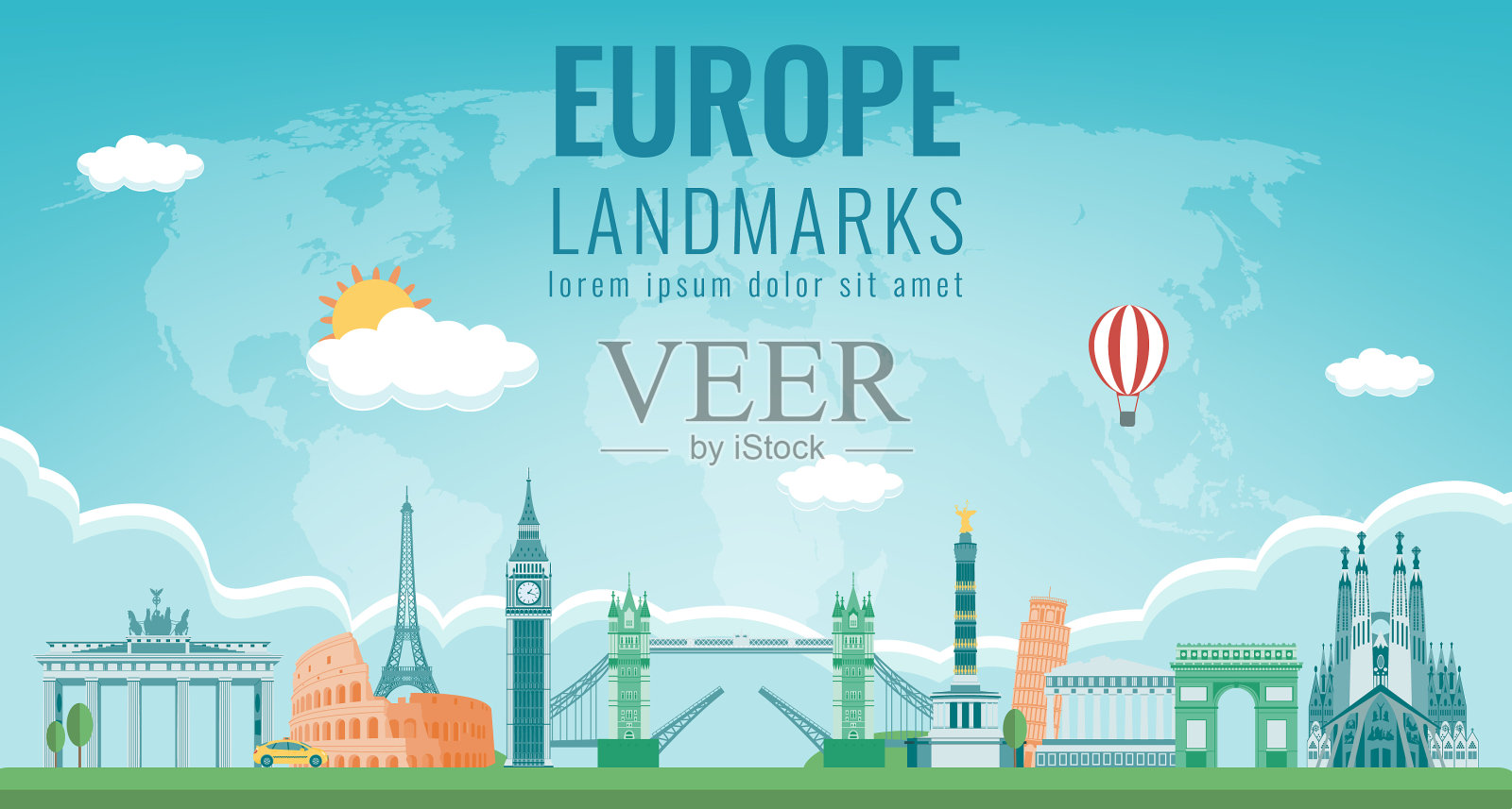 旅行组成与著名的欧洲地标设计模板素材