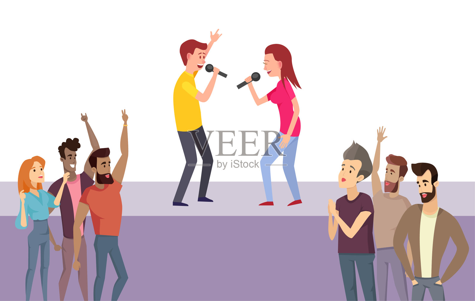 卡拉ok派对上的人们在舞台上唱歌