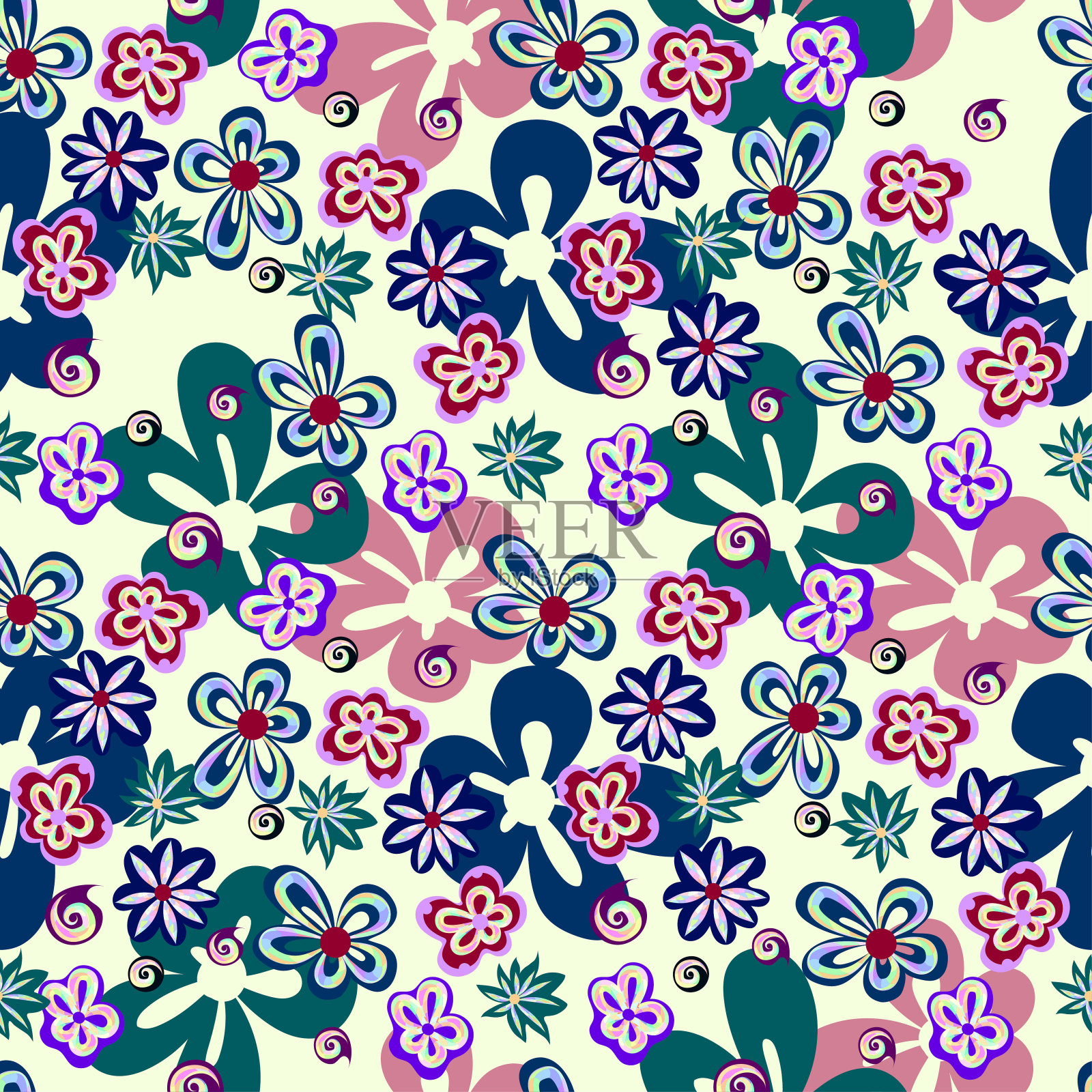 矢量无缝图案，鲜艳的装饰多色神话般的花朵，在一个明亮的背景为设计的儿童纺织品，包装纸，壁纸。插画图片素材