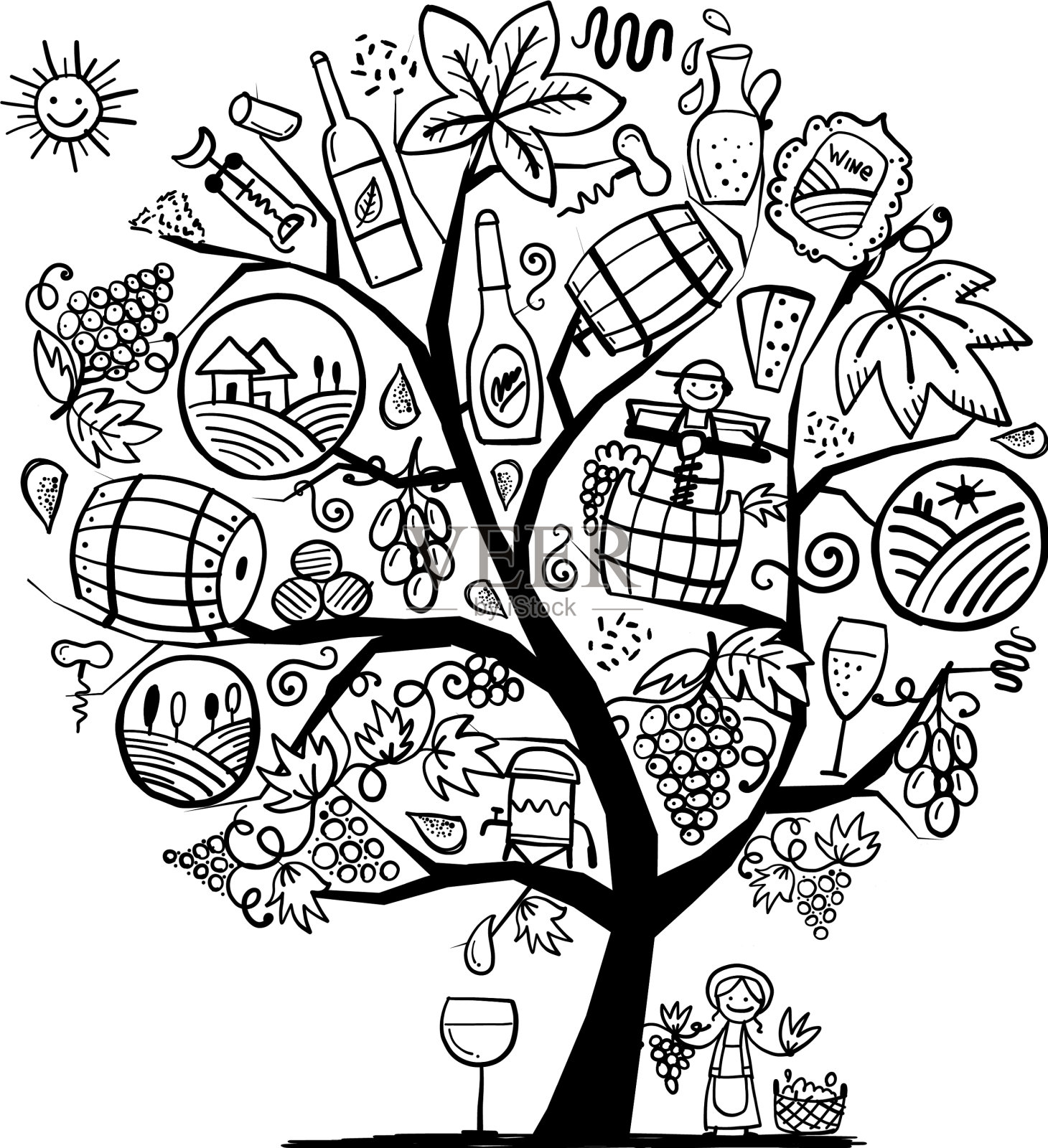 酒庄概念艺术为涂色树设计设计元素图片