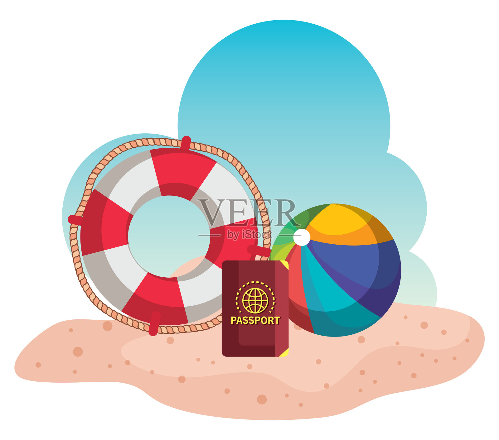 带着护照和沙滩球漂浮在沙滩上设计元素图片