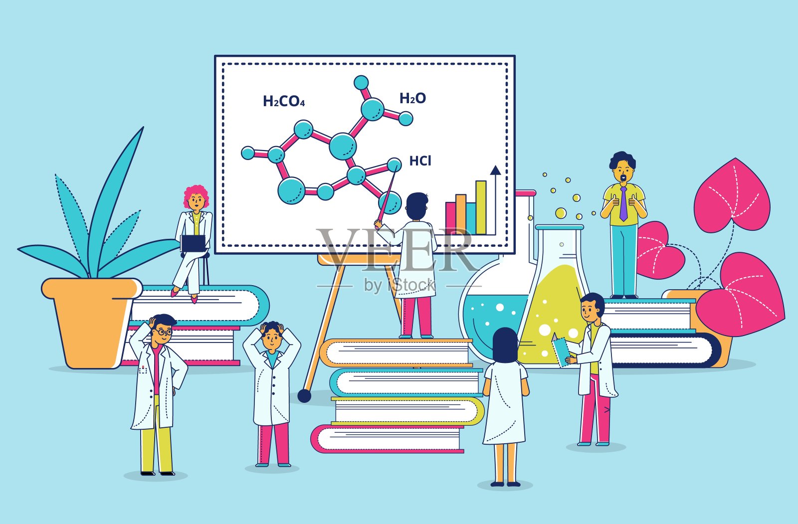 实验室研究线艺术和科学化学技术，迷你人插画图片素材