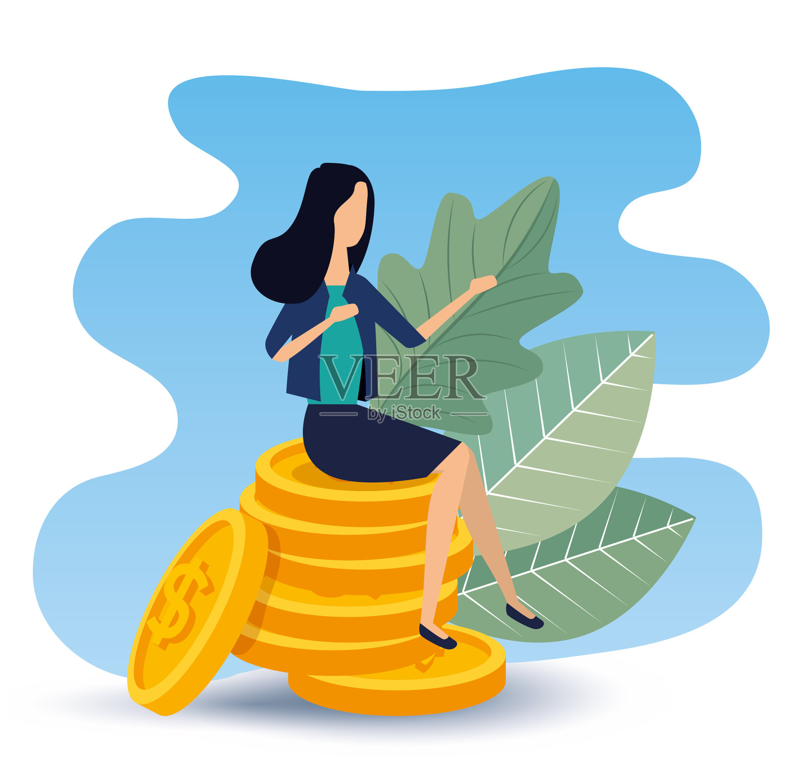女商人坐在硬币和树叶设计元素图片