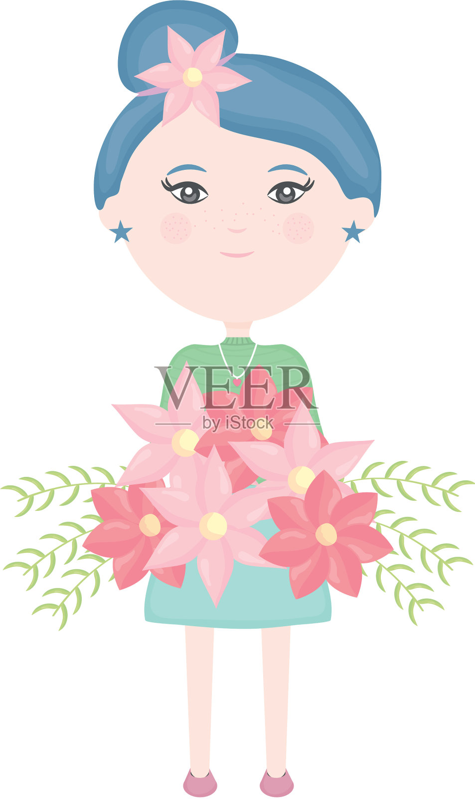可爱的女孩拿着花束，头发上插着花设计元素图片