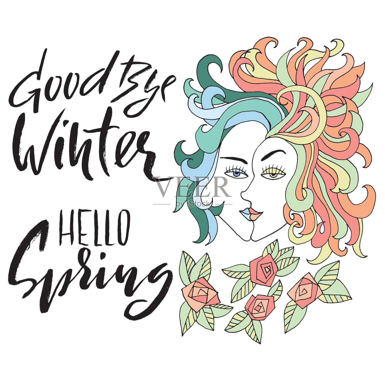 女孩有两张脸和花冬天和春天设计元素图片