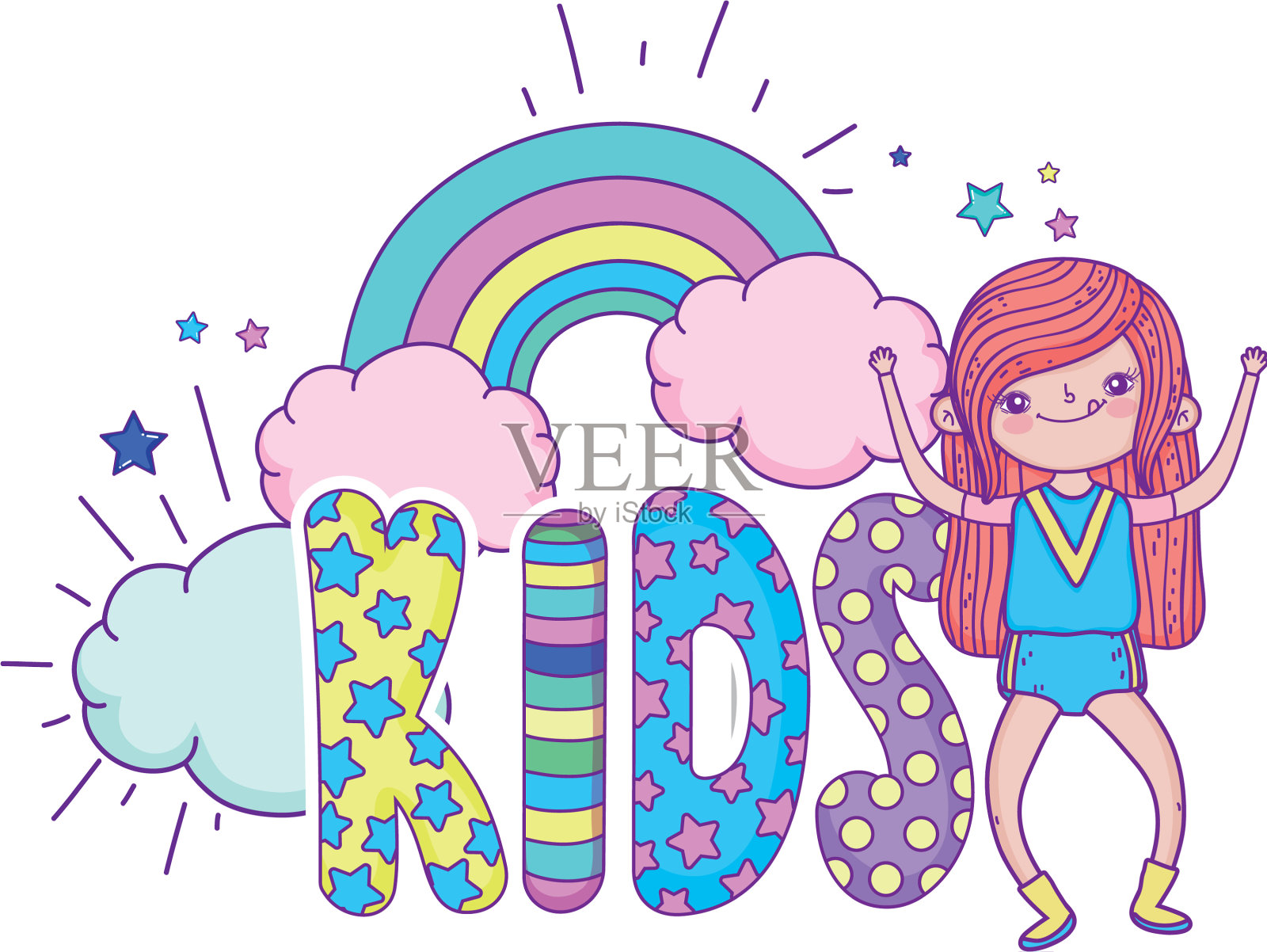 云中有彩虹的小女孩设计元素图片