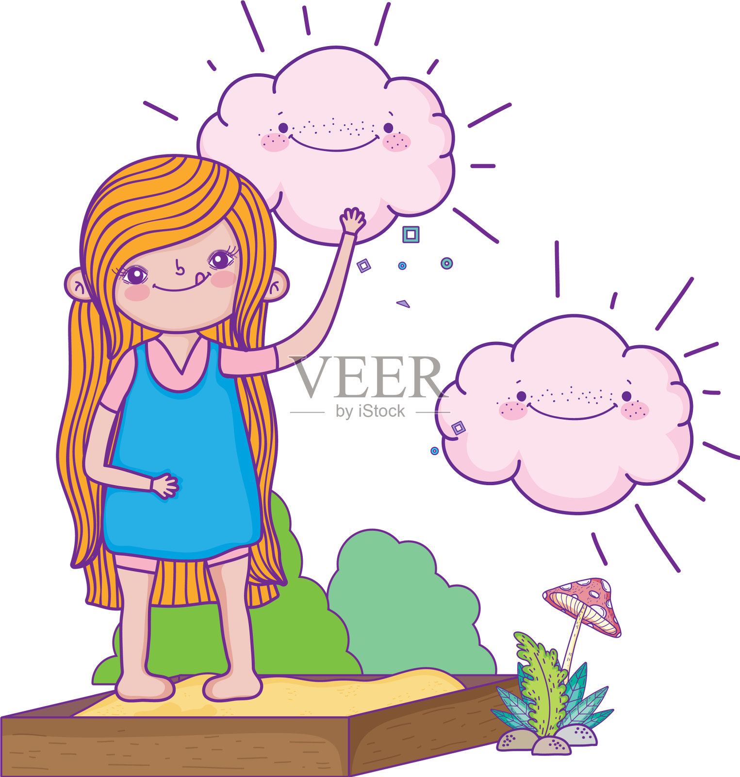 小女孩和云彩卡哇伊在风景设计元素图片