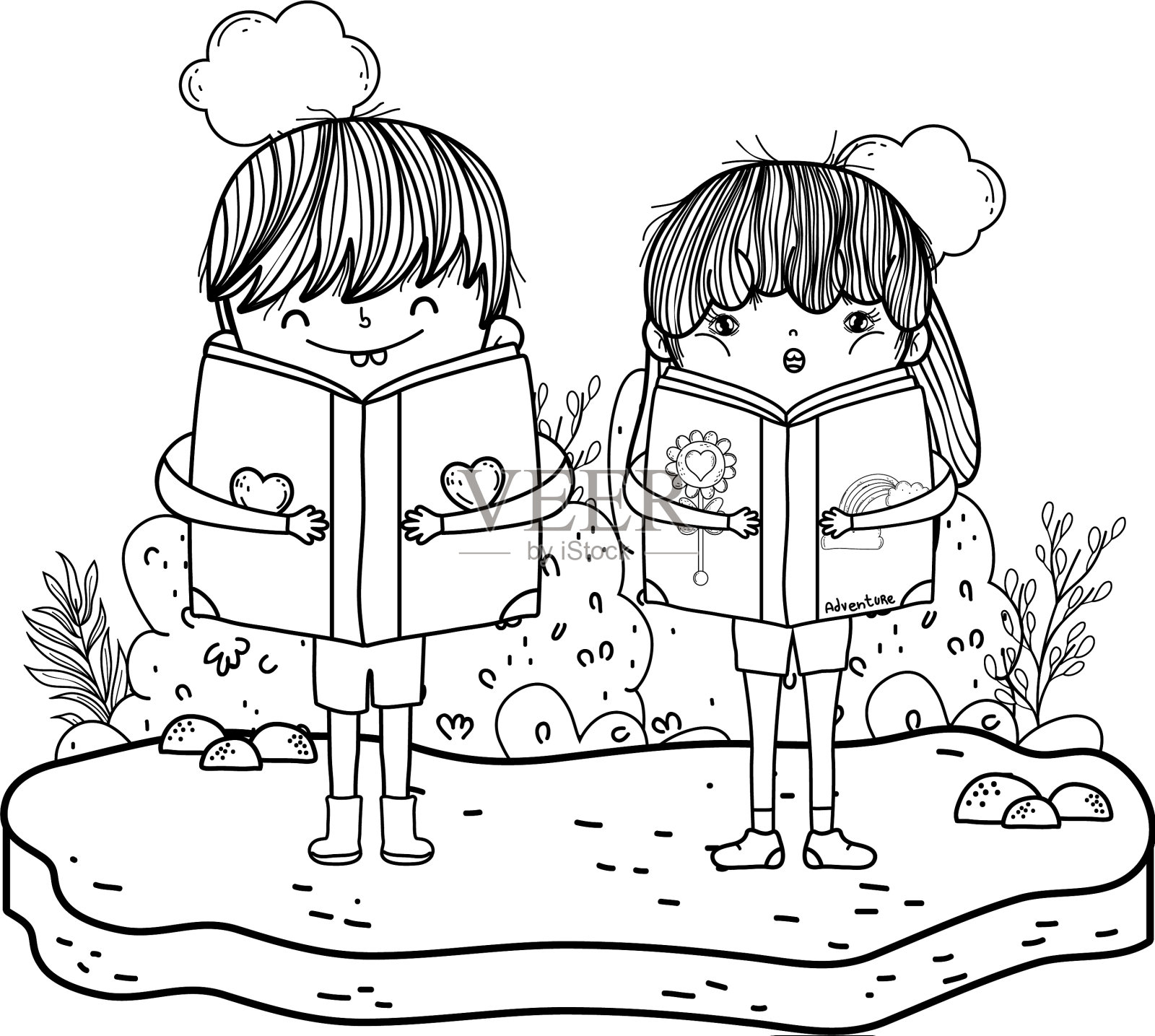 快乐的孩子们在风景中读书设计元素图片