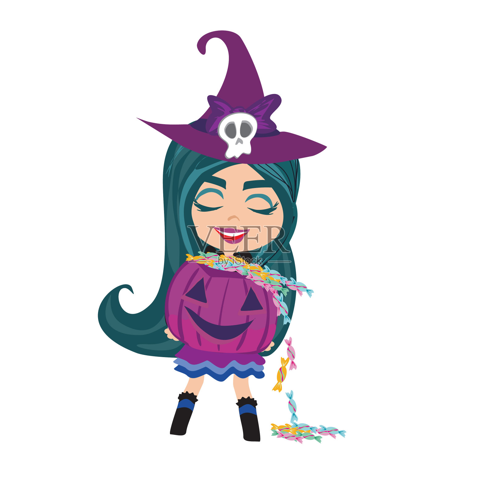 可爱的女巫和南瓜站在一起设计元素图片