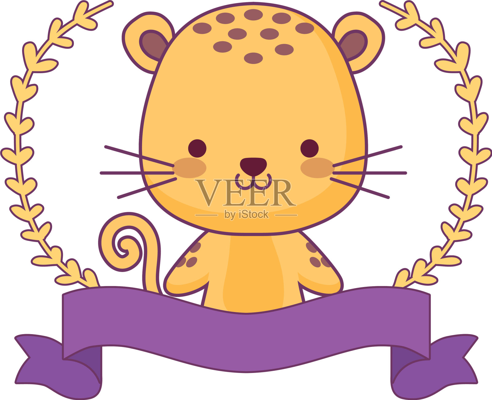 可爱的老虎动物用丝带和树枝设计元素图片