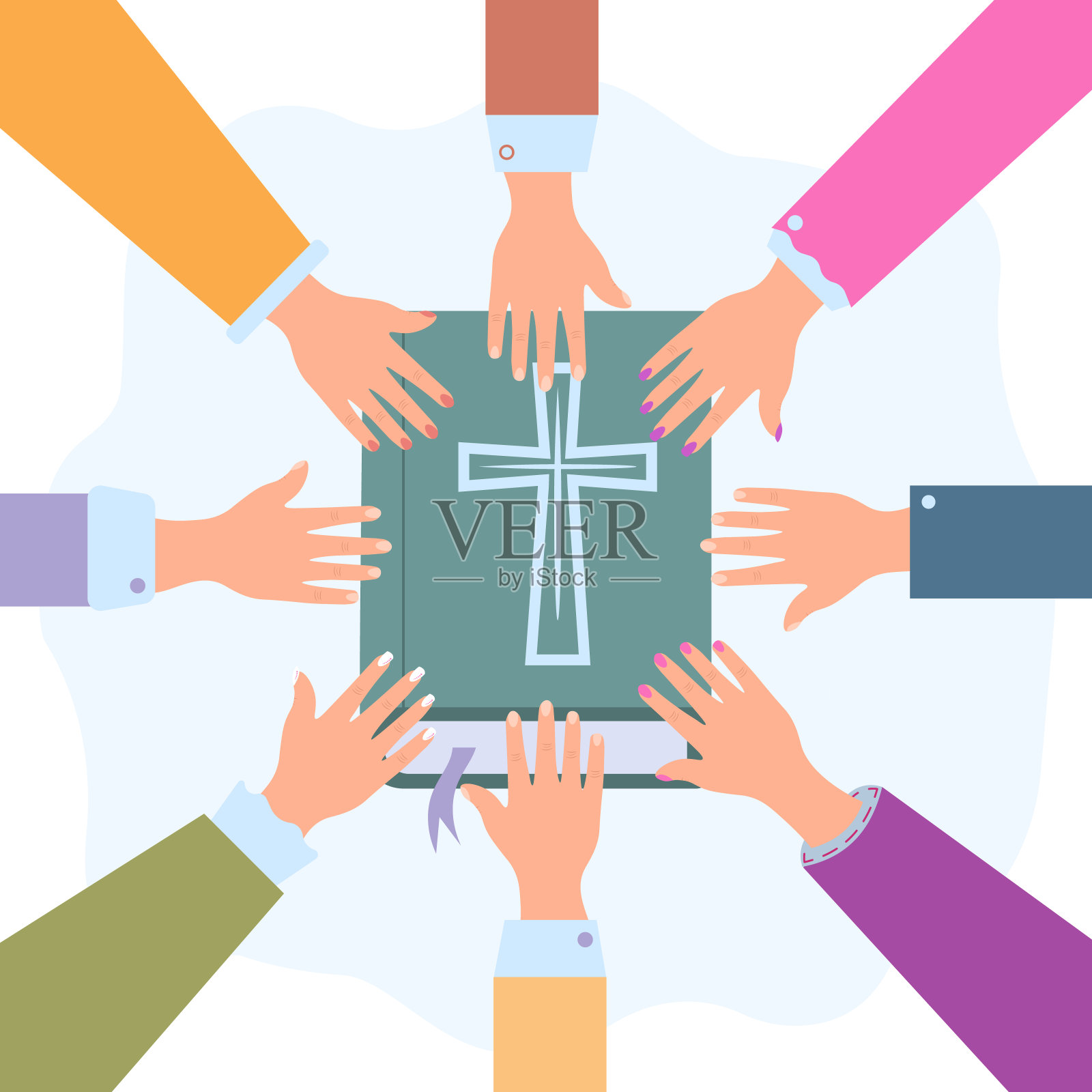 手围成一个圈，触摸圣经。学习神的道。圣经故事设计理念。五彩缤纷的矢量插图。设计元素图片