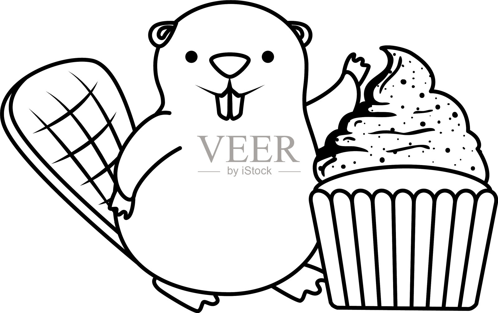 可爱的海狸吉祥物与甜蜜的纸杯蛋糕设计元素图片