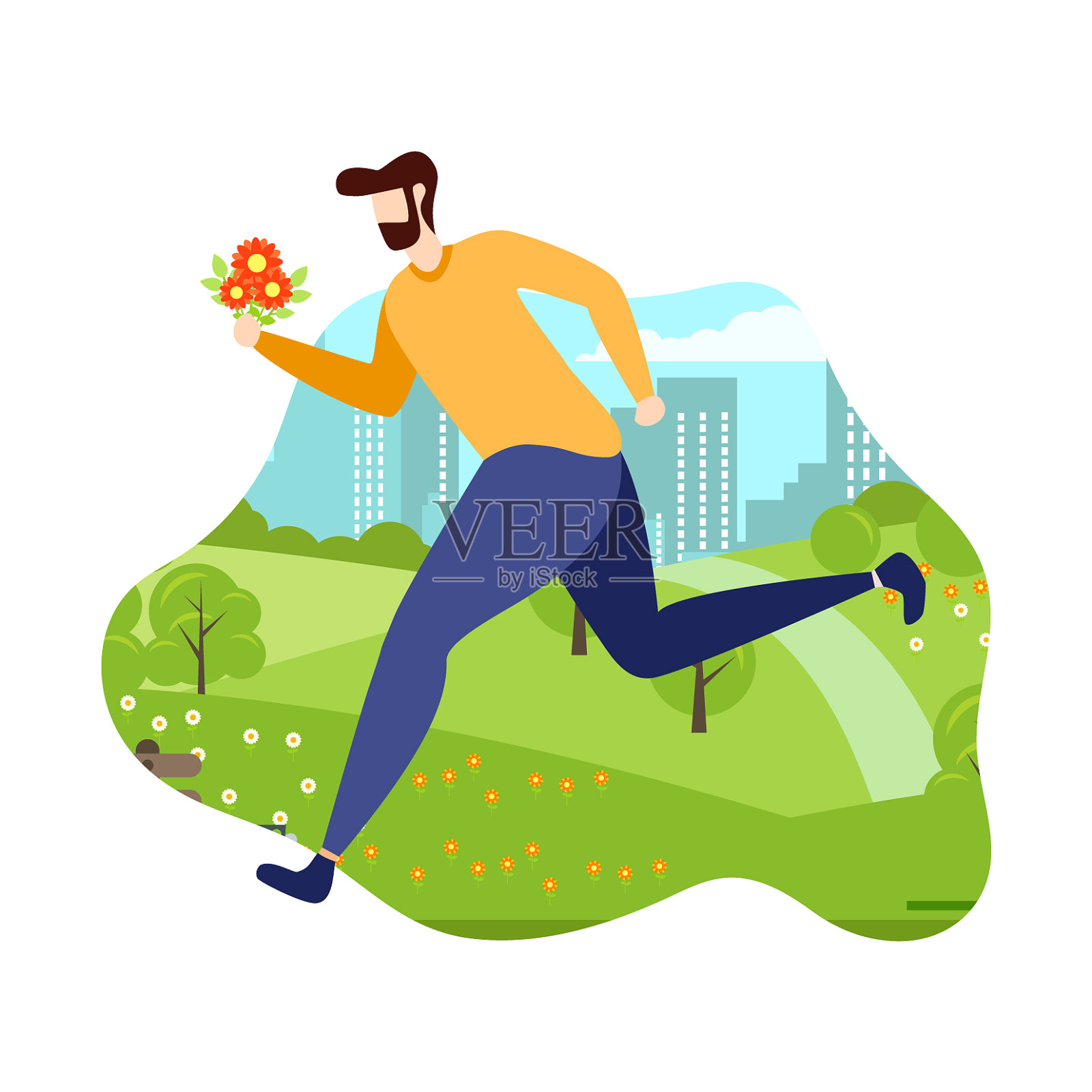 男子用鲜花捧花束问候横幅设计元素图片