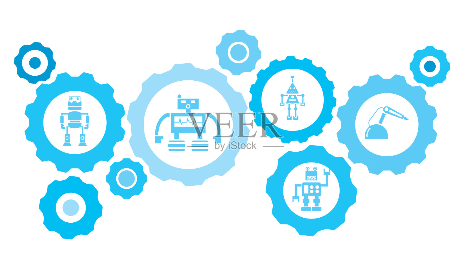机器人，图标，科技蓝色齿轮组。抽象背景与连接齿轮和图标为物流，服务，航运，分销，运输，市场，沟通概念插画图片素材