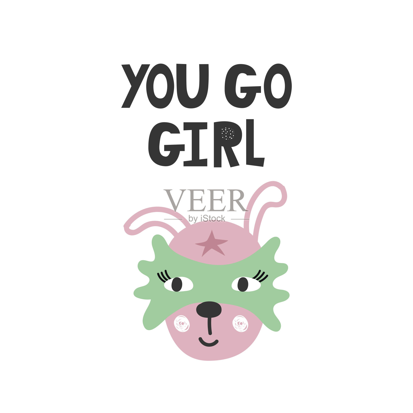 儿童海报与可爱的兔子动物超级英雄和手绘字母。婴儿保育室墙面艺术。矢量插图。插画图片素材