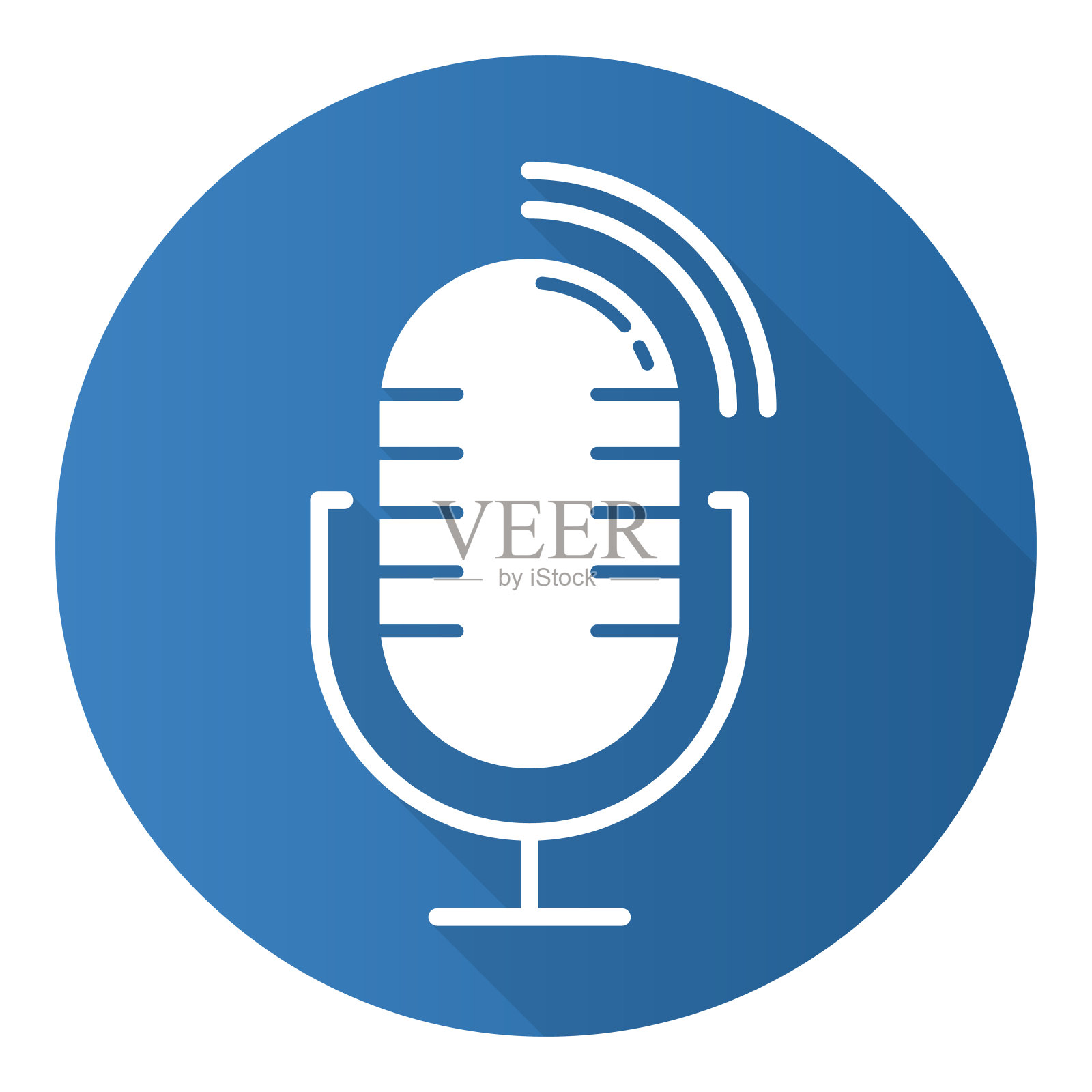 蓝色动态麦克风平面设计长阴影字形图标。迈克录制声音的想法。便携式录音机。无线音乐麦克风，专业演播室设备。向量轮廓图图标素材