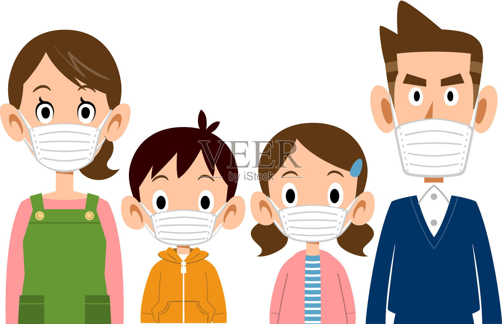 一家人戴着面具，父母和一子一女插画图片素材