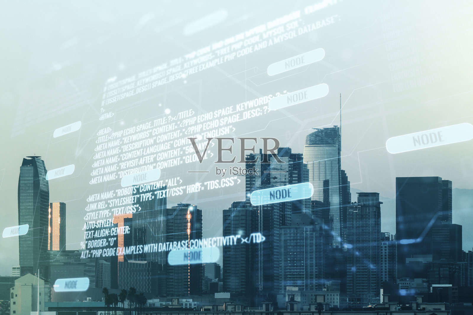 多重曝光抽象创意编码草图洛杉矶城市天际线背景，人工智能和神经网络的概念照片摄影图片