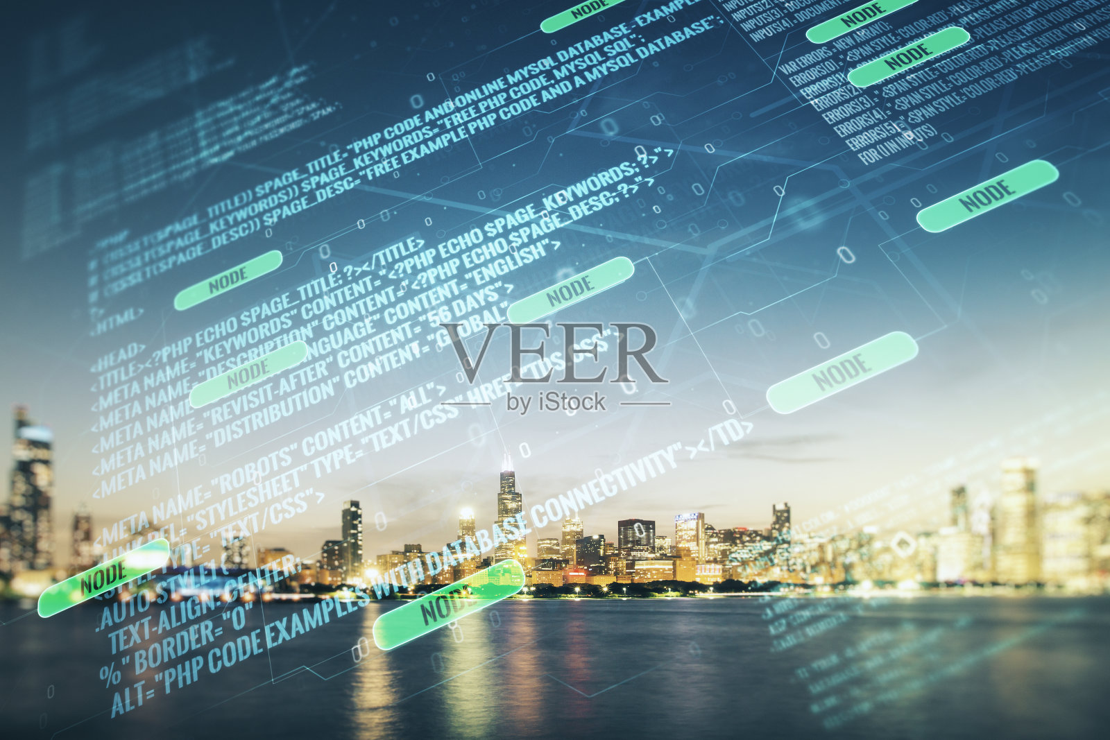 多重曝光抽象软件开发全息图的芝加哥摩天大楼的背景，研究和分析的概念照片摄影图片