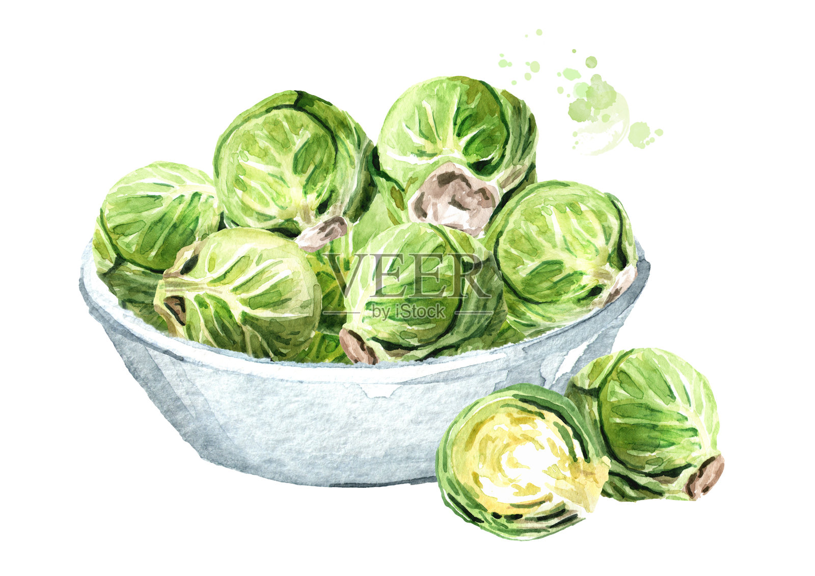 碗里放腌好的小刺山柑。手绘水彩插图孤立的白色背景插画图片素材