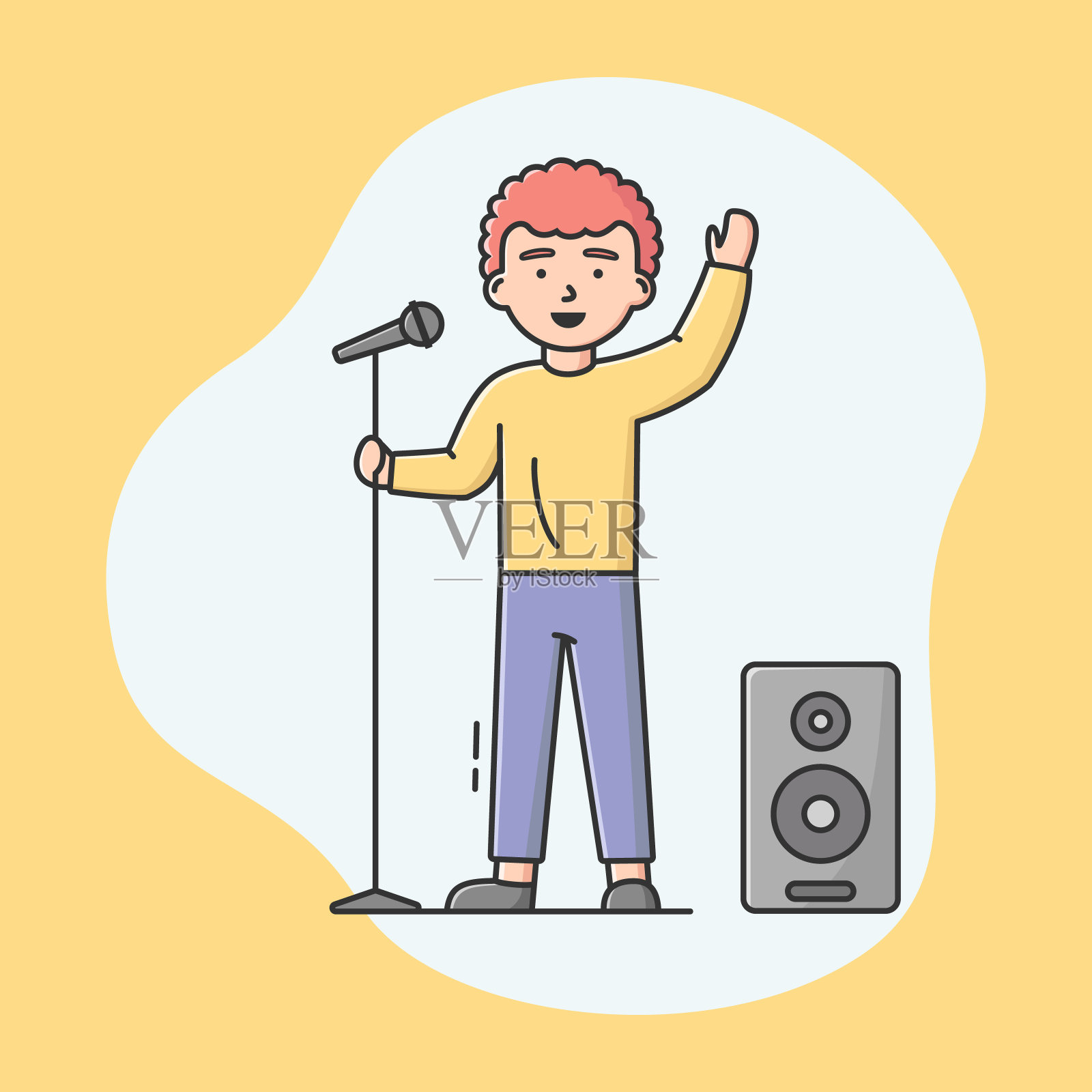 人才和爱好的概念。年轻帅气的男人拿着麦克风。歌手一边唱歌一边做手势。男孩很开心。卡通轮廓线性扁平风格。矢量图插画图片素材