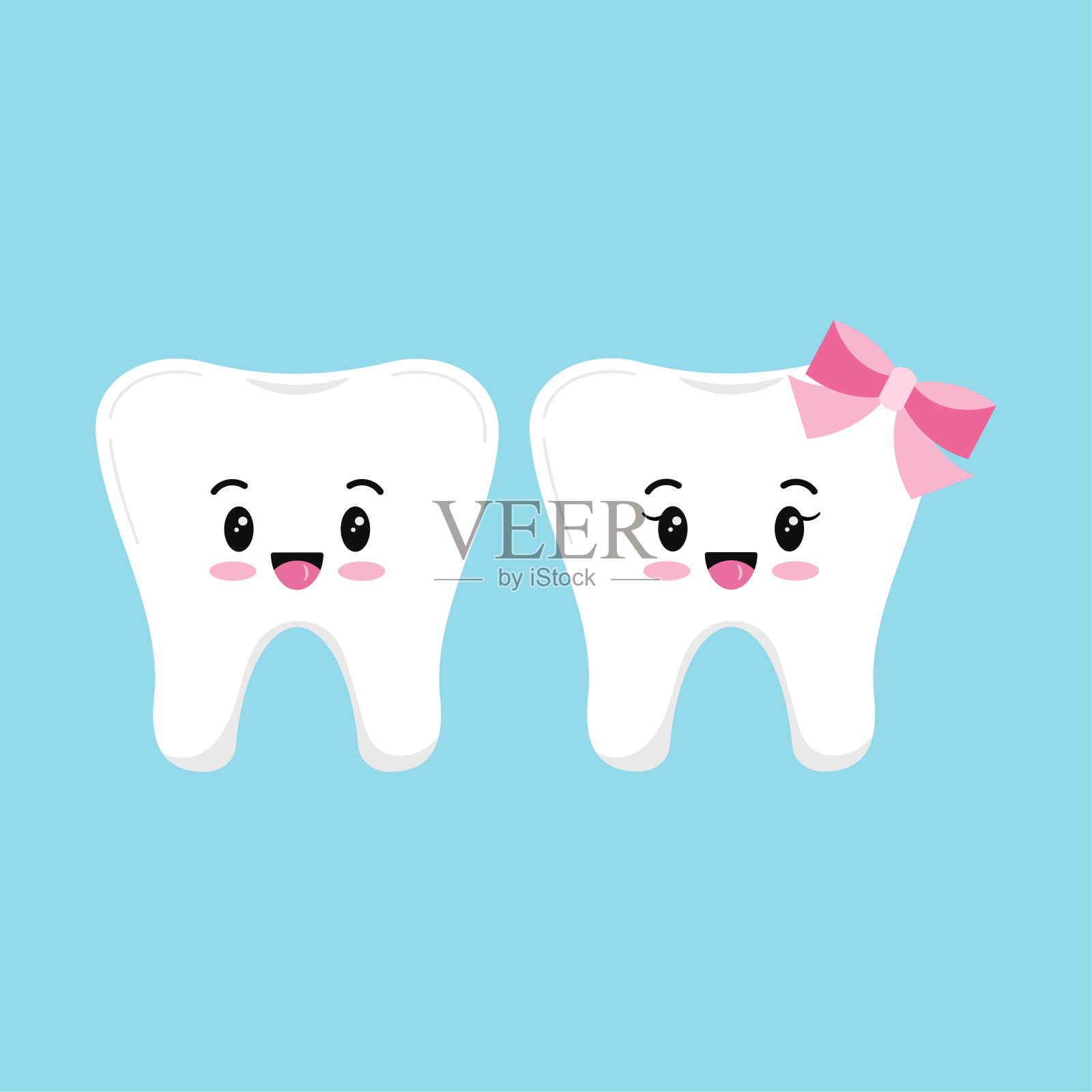 可爱的牙齿男孩和女孩表情符号向量隔离在蓝色的背景。插画图片素材